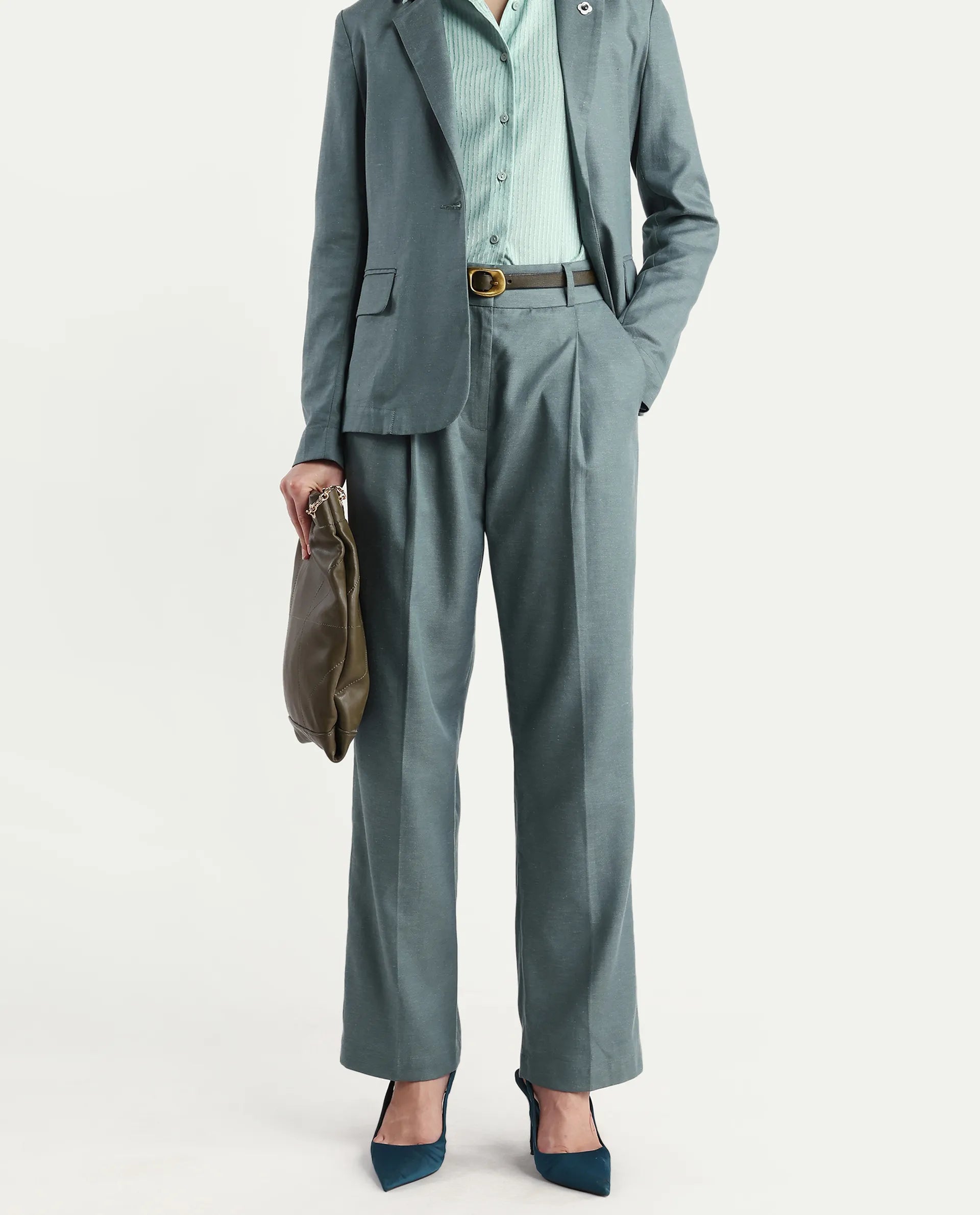 Rareism Women's Linzy-B Dusky Green 100% Linen Straight Plain Trouser