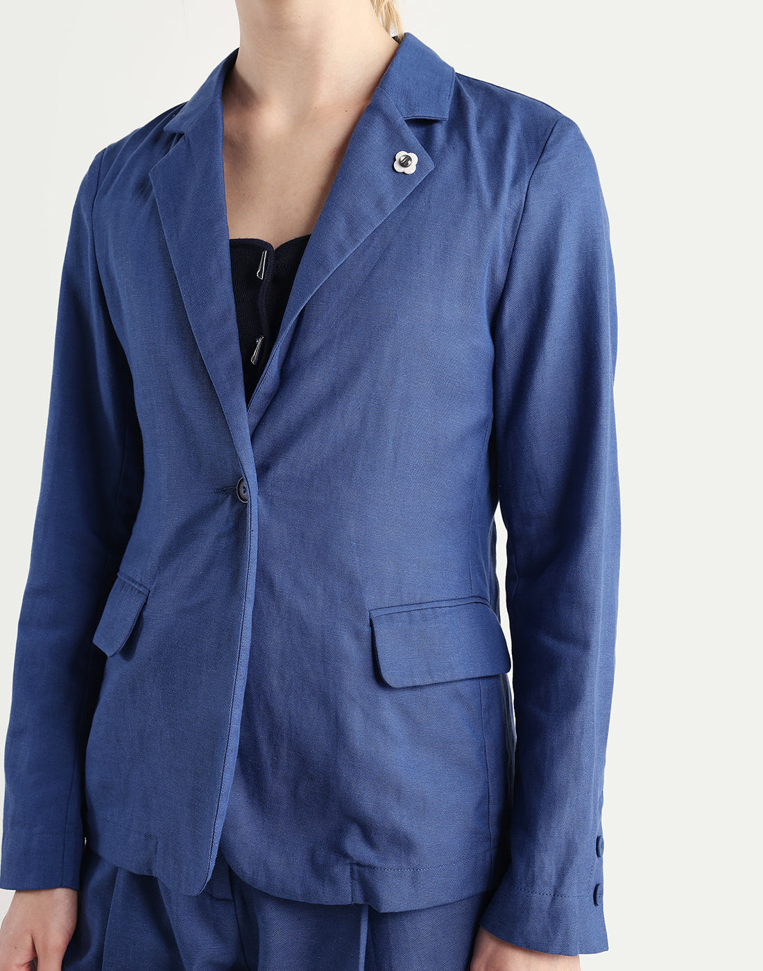 Rareism Women's Linzy-T Blue 100% Linen Full Sleeve Lapel Neck Regular Plain Blazer