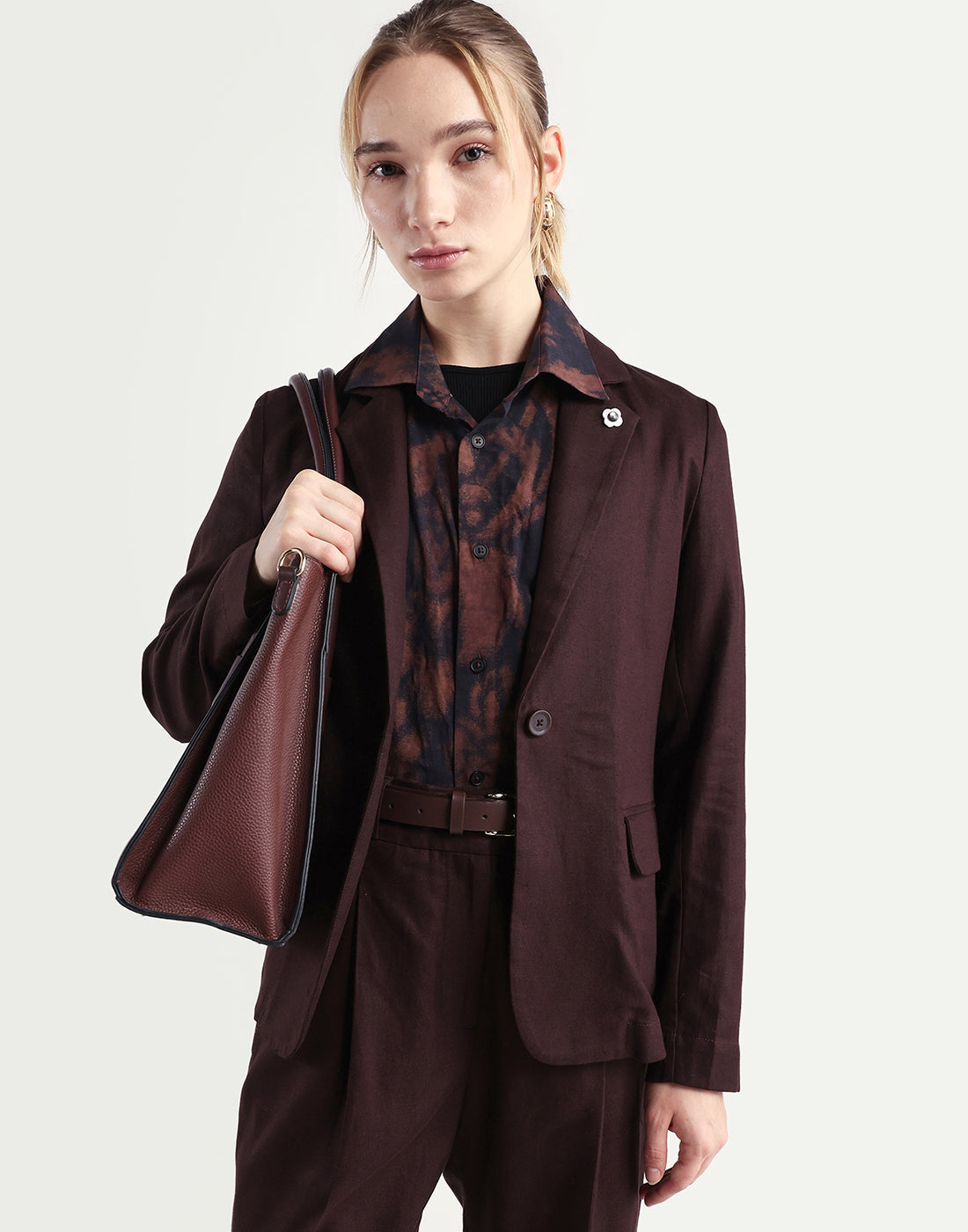 Rareism Women's Linzy-T Brown 100% Linen Full Sleeve Lapel Neck Regular Plain Blazer