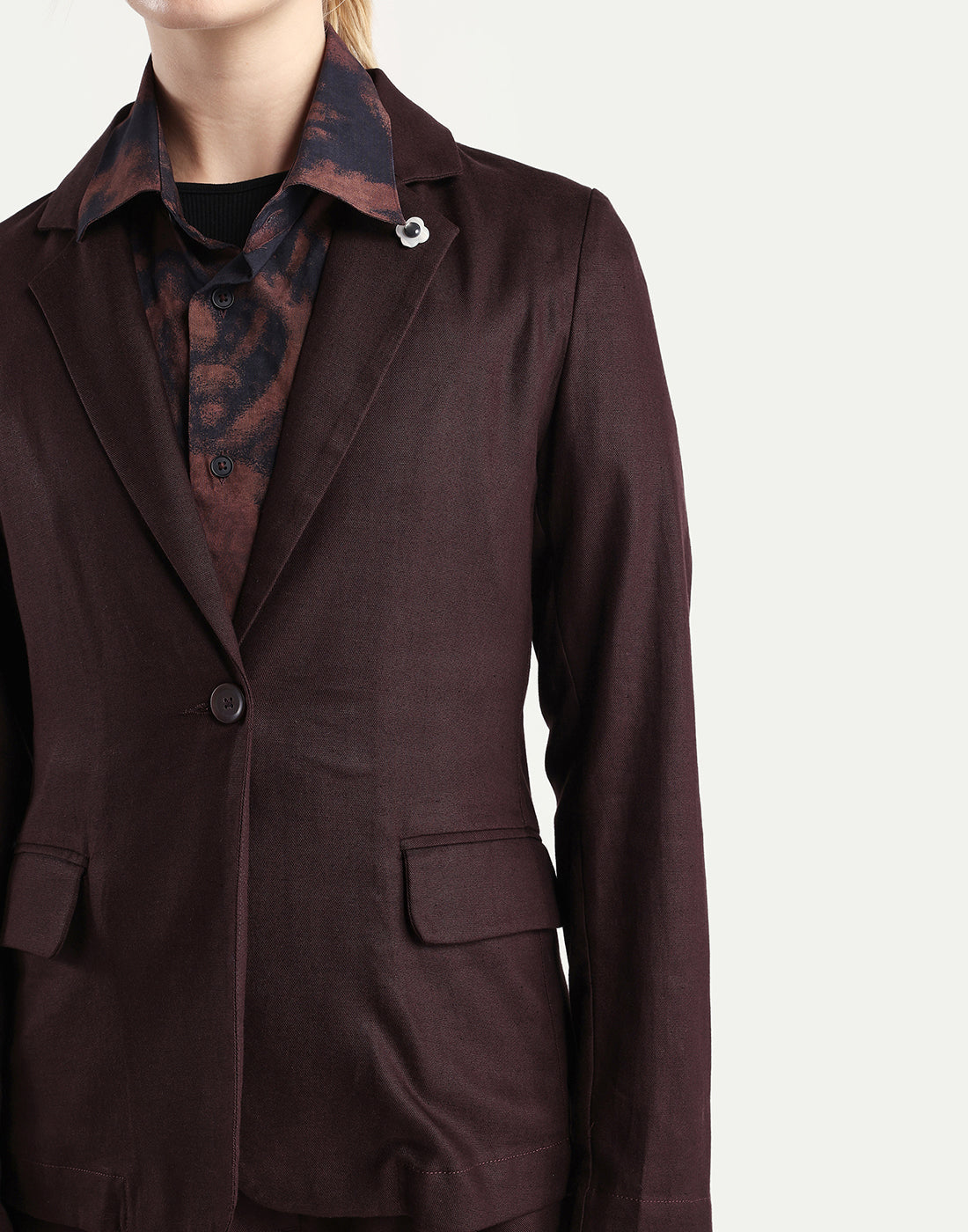 Rareism Women's Linzy-T Brown 100% Linen Full Sleeve Lapel Neck Regular Plain Blazer