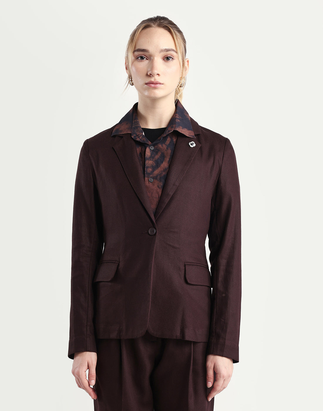 Rareism Women's Linzy-T Brown 100% Linen Full Sleeve Lapel Neck Regular Plain Blazer