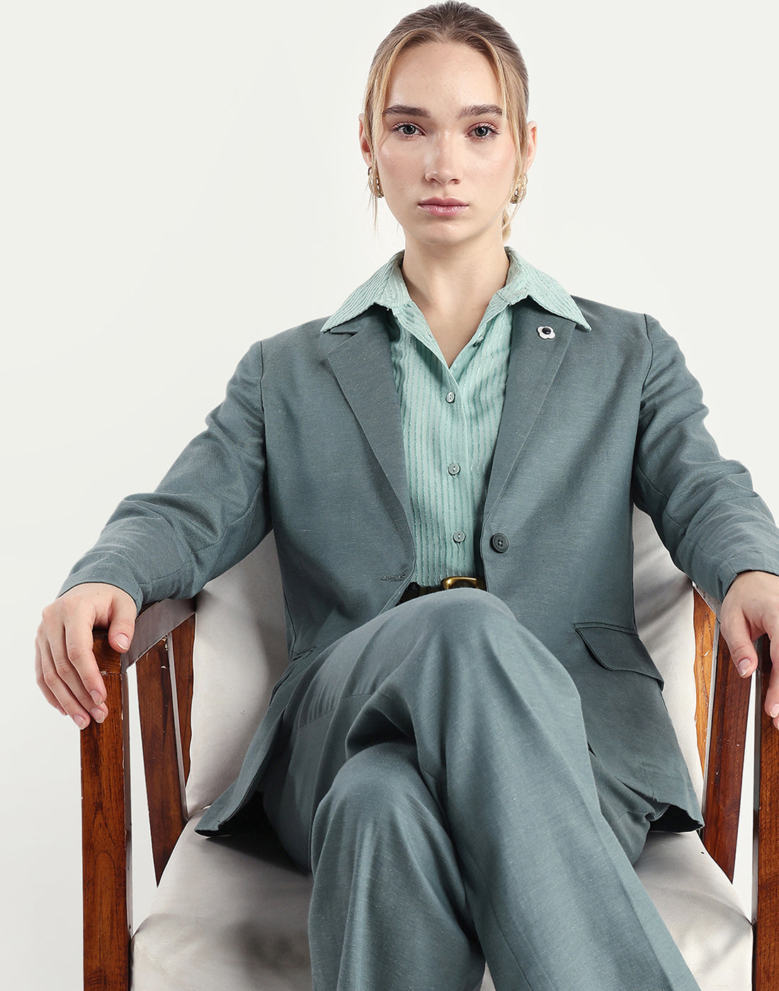 Rareism Women's Linzy-T Dusky Green 100% Linen Full Sleeve Lapel Neck Regular Plain Blazer