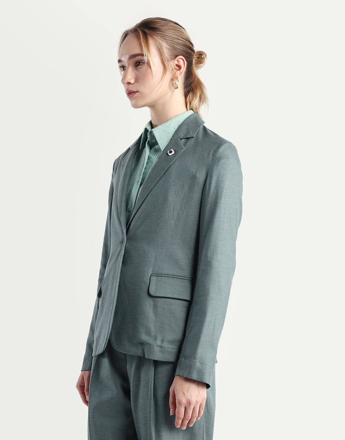 Rareism Women's Linzy-T Dusky Green 100% Linen Full Sleeve Lapel Neck Regular Plain Blazer