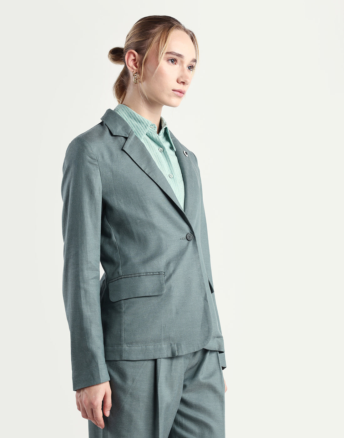 Rareism Women's Linzy-T Dusky Green 100% Linen Full Sleeve Lapel Neck Regular Plain Blazer