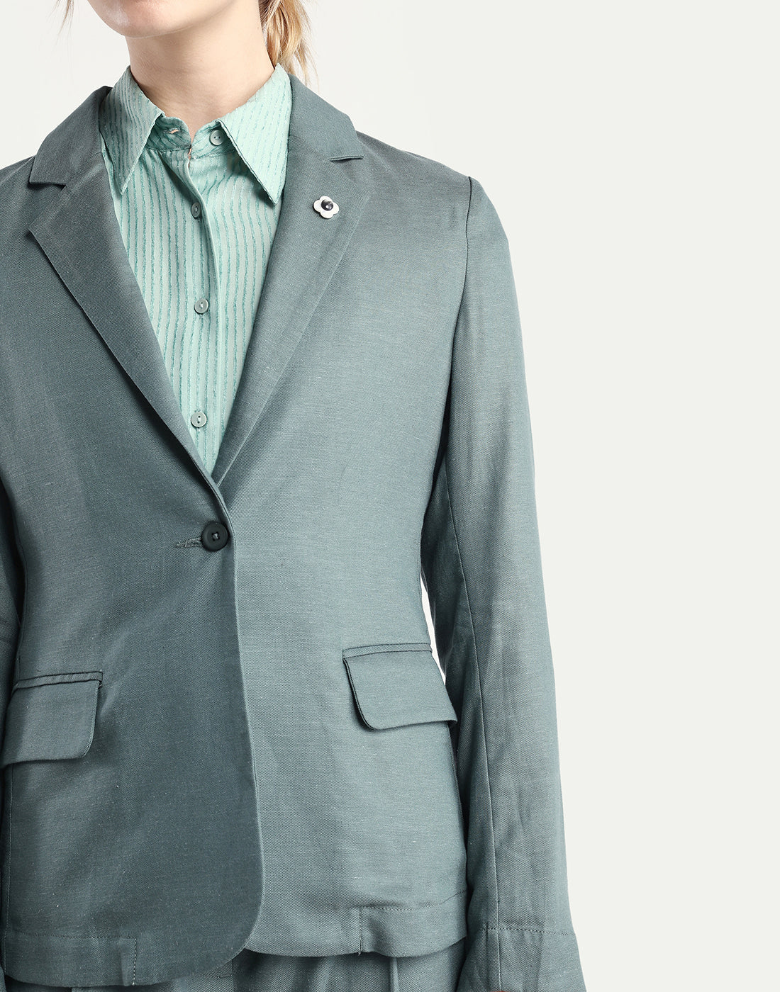 Rareism Women's Linzy-T Dusky Green 100% Linen Full Sleeve Lapel Neck Regular Plain Blazer