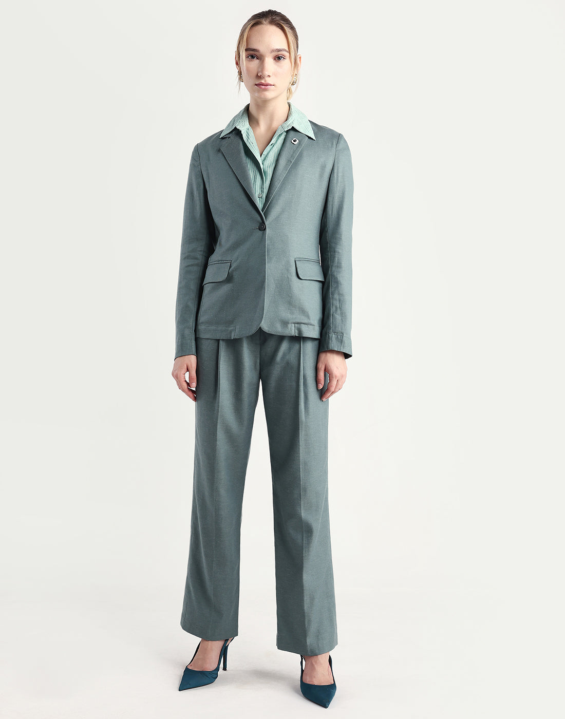 Rareism Women's Linzy-T Dusky Green 100% Linen Full Sleeve Lapel Neck Regular Plain Blazer