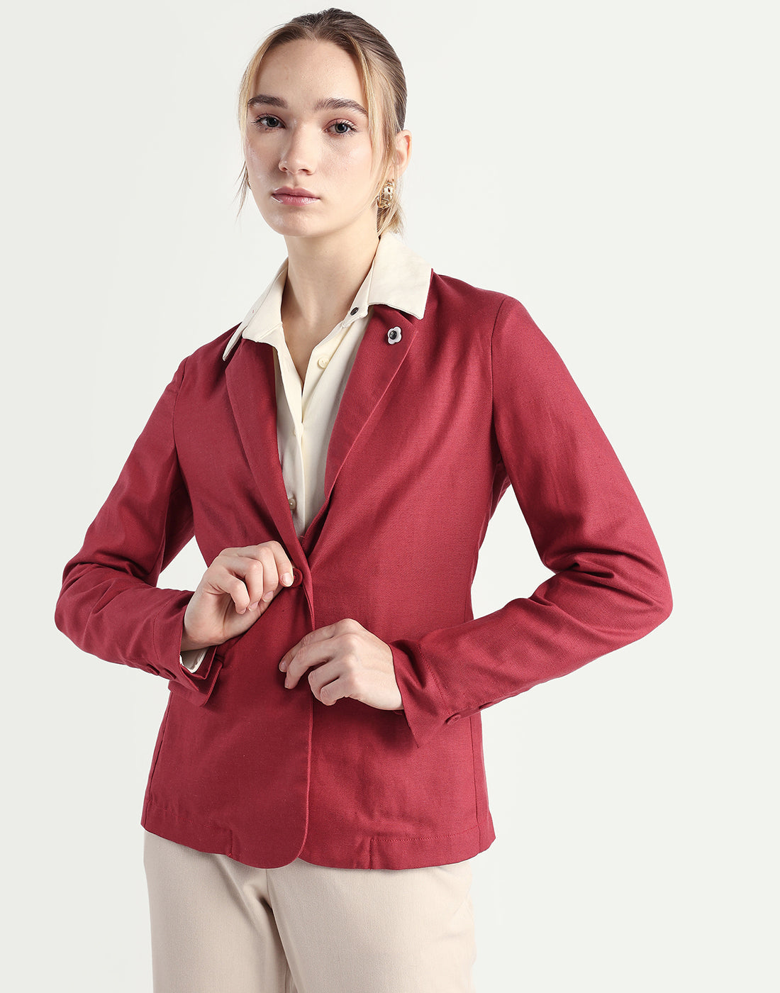 Rareism Women's Linzy-T Red 100% Linen Full Sleeve Lapel Neck Regular Plain Blazer