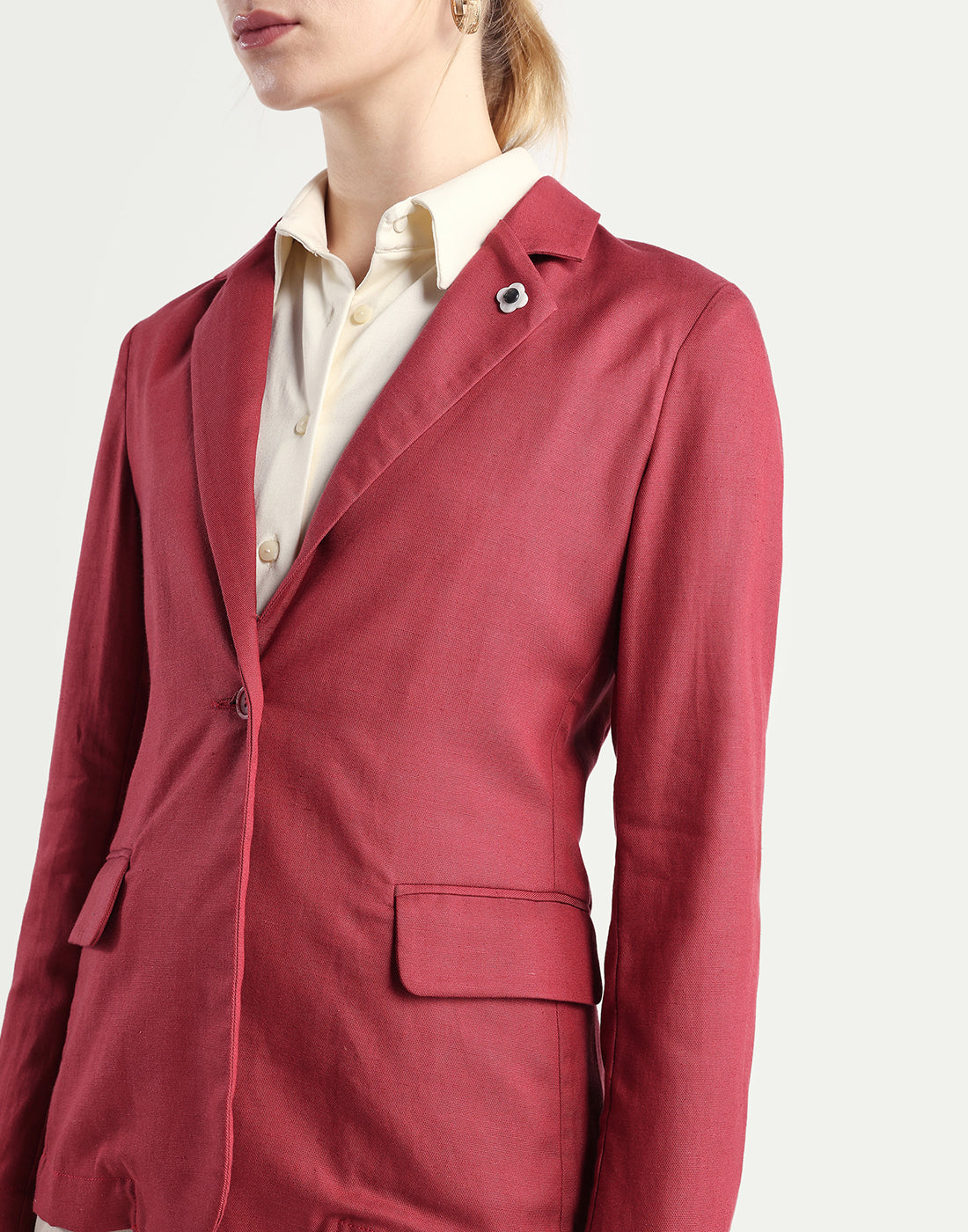 Rareism Women's Linzy-T Red 100% Linen Full Sleeve Lapel Neck Regular Plain Blazer