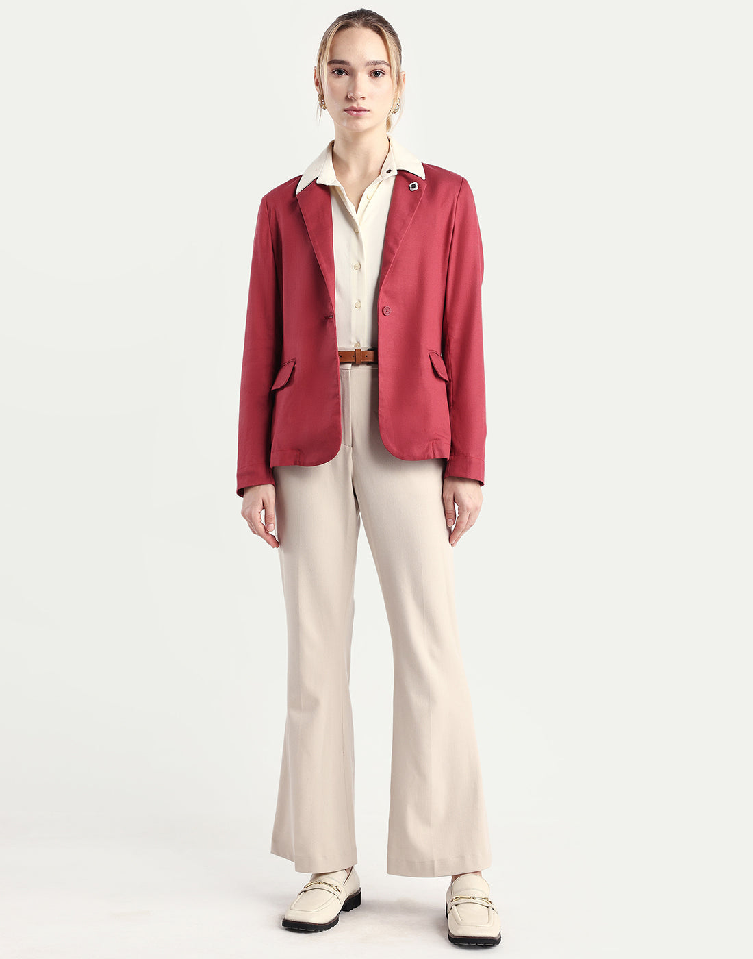 Rareism Women's Linzy-T Red 100% Linen Full Sleeve Lapel Neck Regular Plain Blazer