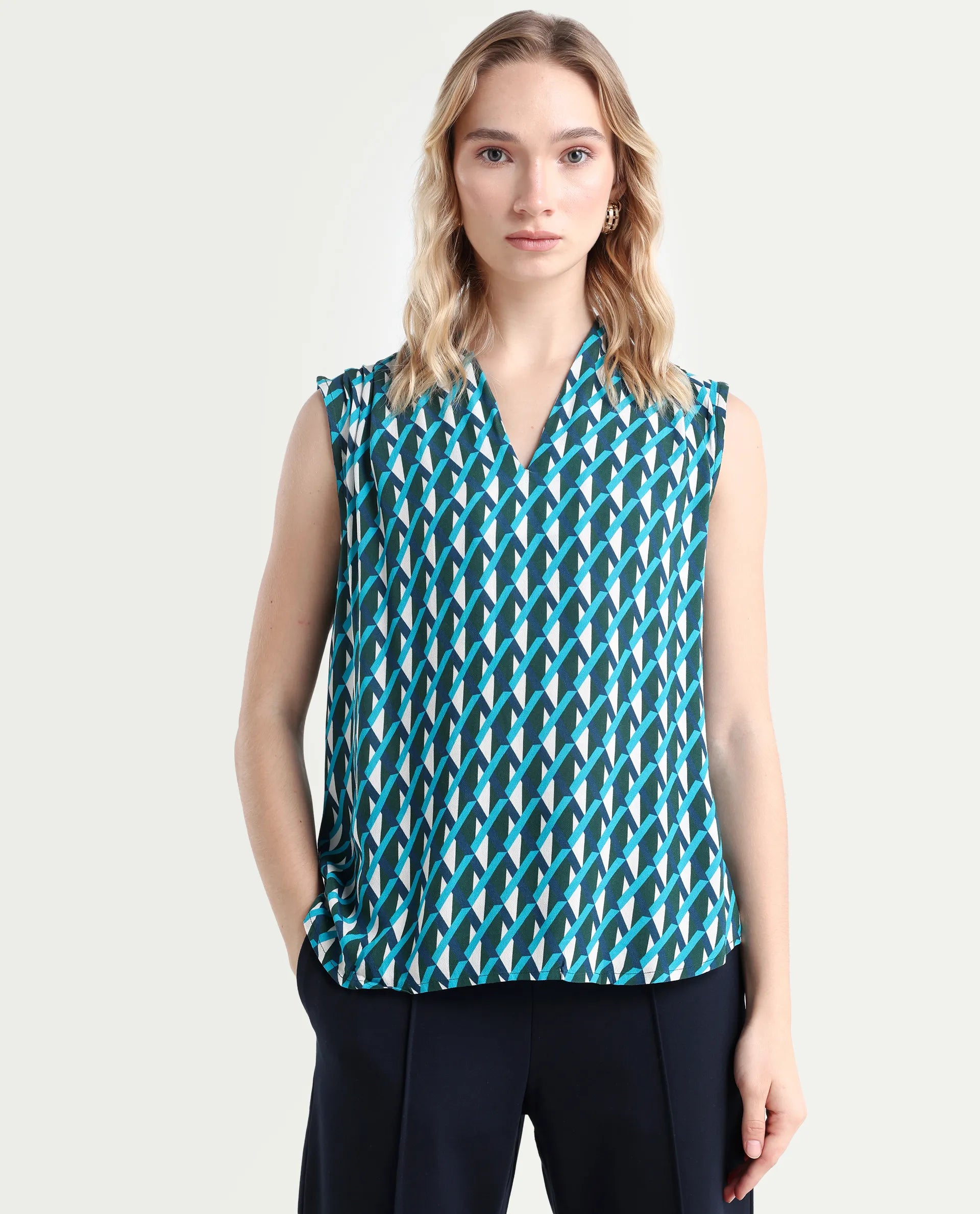 Rareism Women's Livon Multi Viscose Blend V-Neck Geometric Print Sleeveless Regular Fit Top