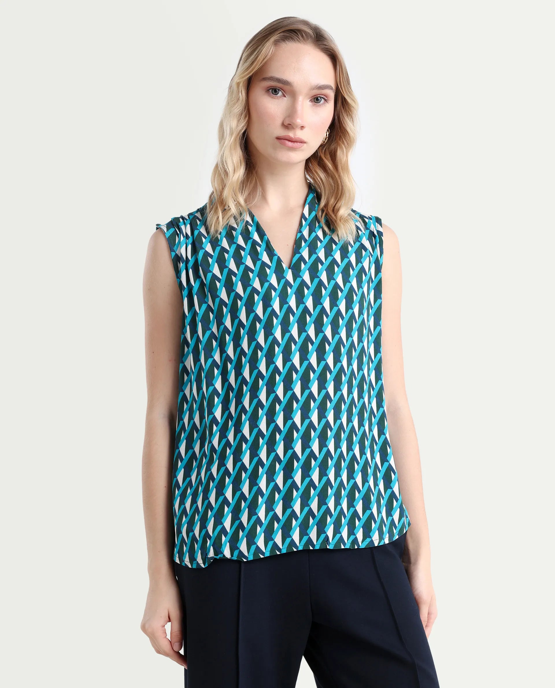 Rareism Women's Livon Multi Viscose Blend V-Neck Geometric Print Sleeveless Regular Fit Top