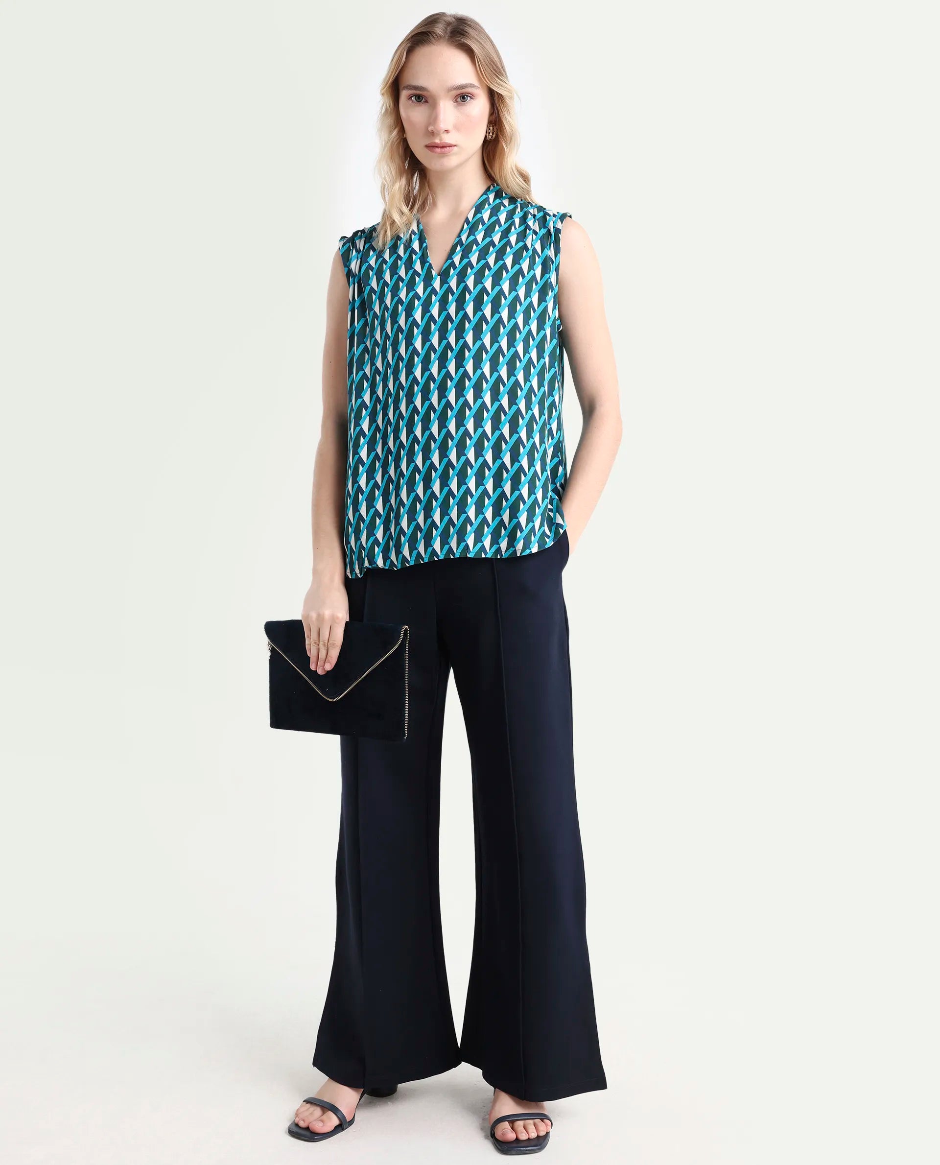 Rareism Women's Livon Multi Viscose Blend V-Neck Geometric Print Sleeveless Regular Fit Top