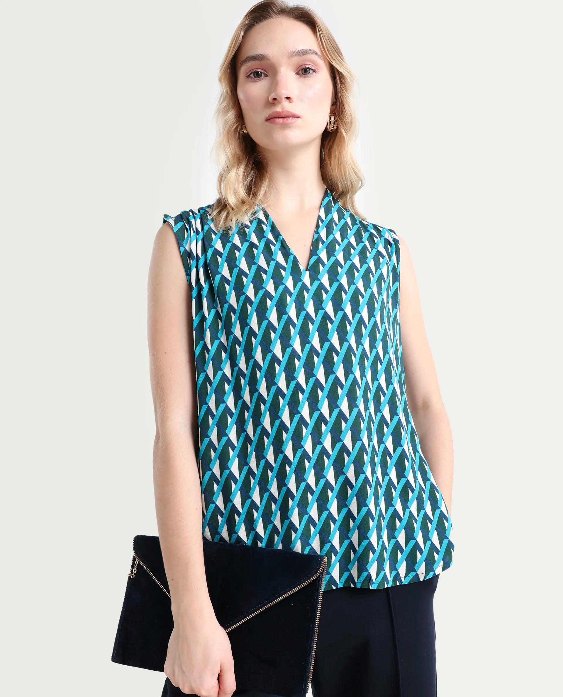 Rareism Women's Livon Multi Viscose Blend V-Neck Geometric Print Sleeveless Regular Fit Top
