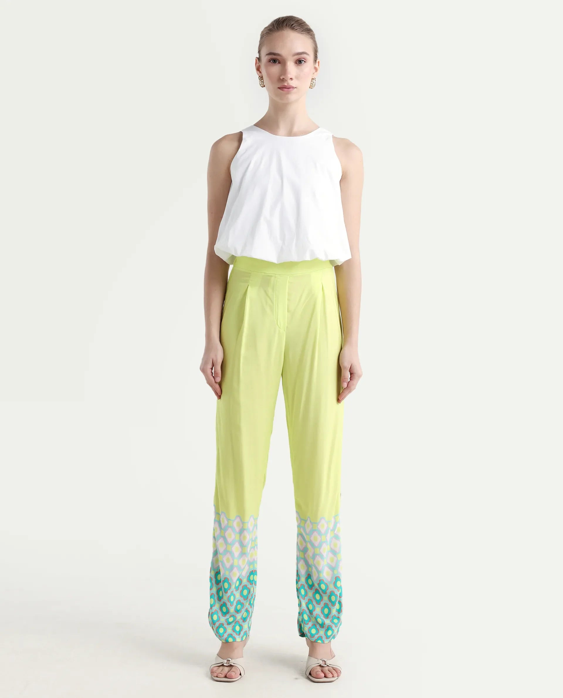 Rareism Women's Livorno Light Multi Viscose Blend Geometric Print Ankle Length Straight Fit Trouser