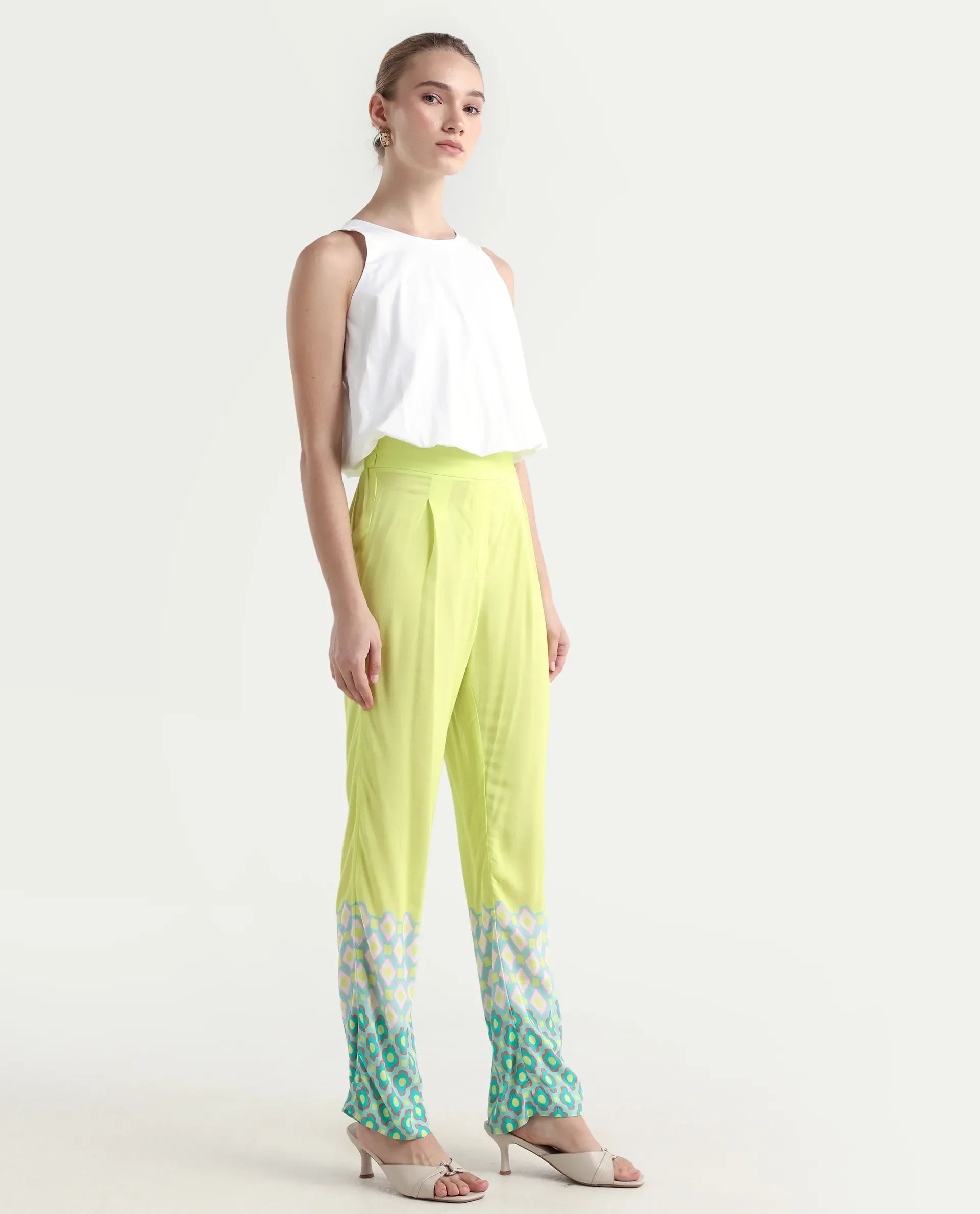 Rareism Women's Livorno Light Multi Viscose Blend Geometric Print Ankle Length Straight Fit Trouser
