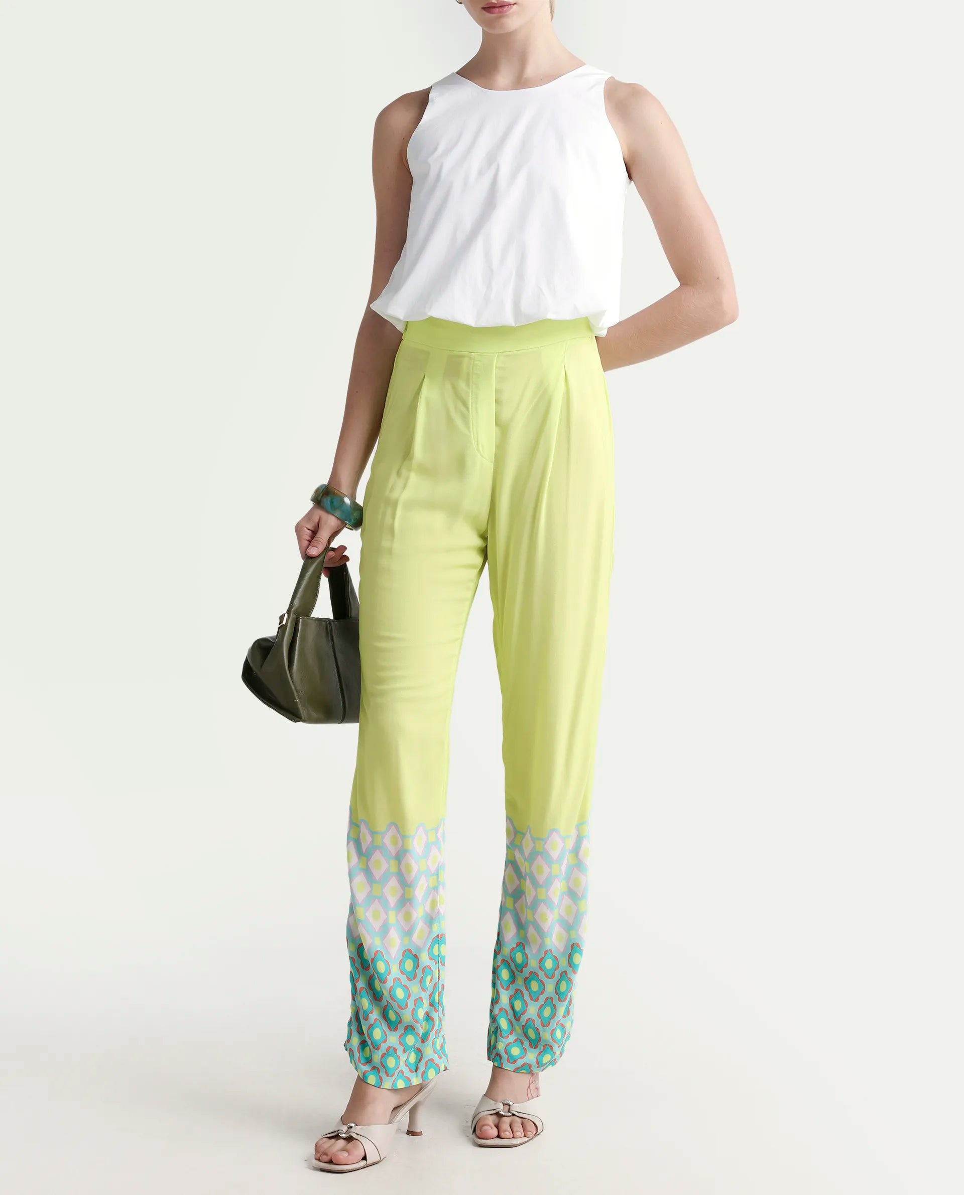 Rareism Women's Livorno Light Multi Viscose Blend Geometric Print Ankle Length Straight Fit Trouser