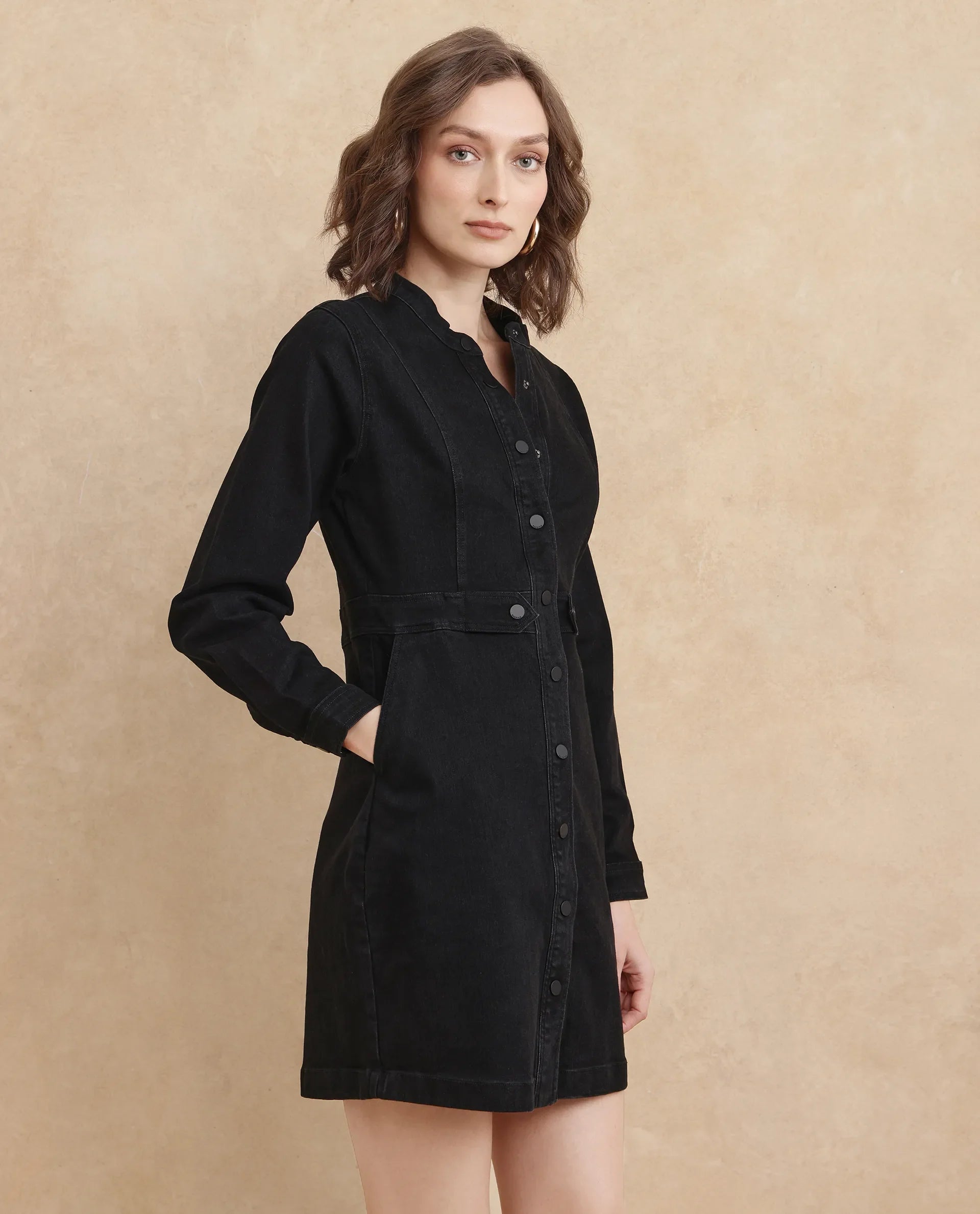 Rareism Women's Lizmi Black Cotton Blend Fabric High Neck Button Closure Cuffed Sleeve Plain Mini Dress