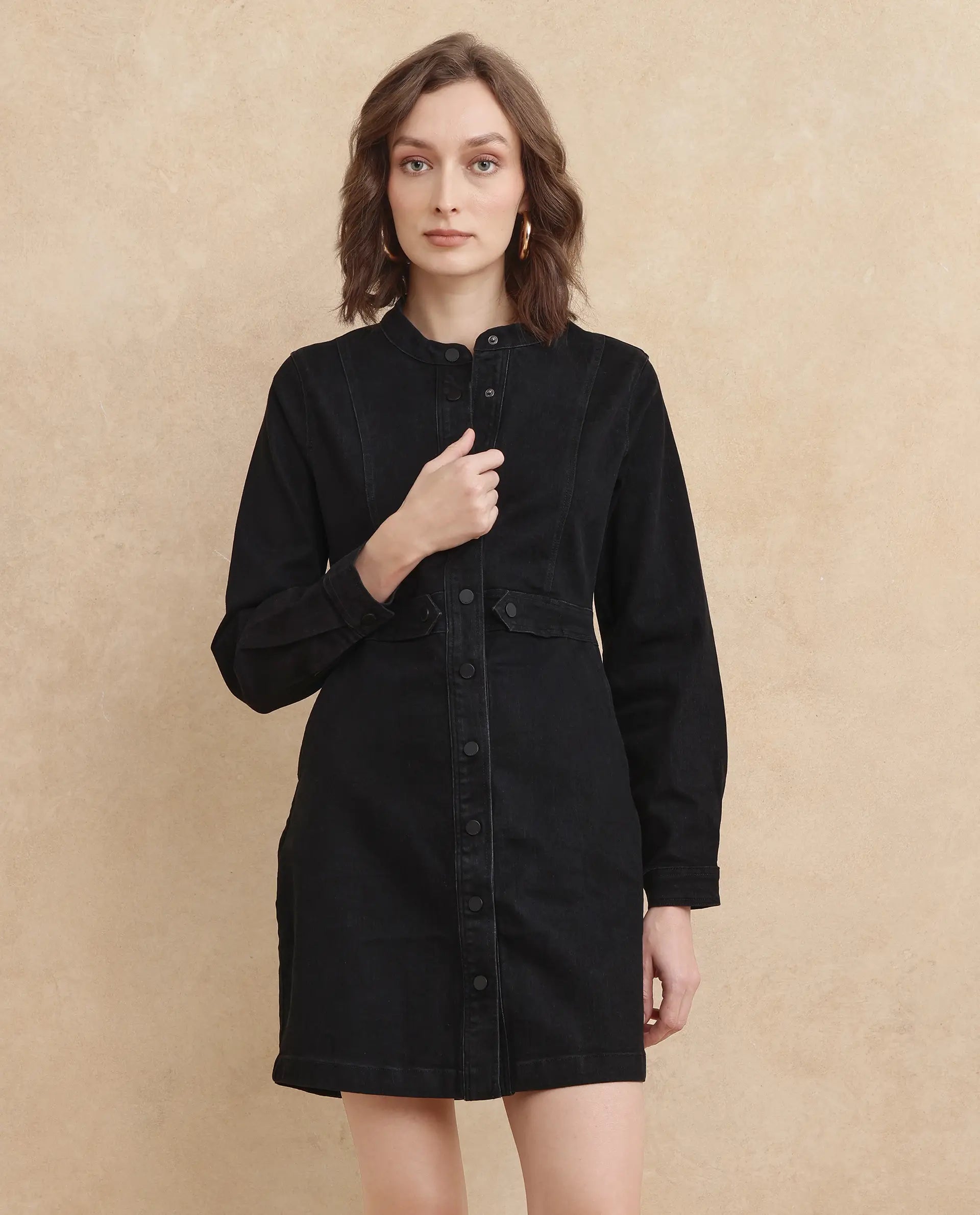 Rareism Women's Lizmi Black Cotton Blend Fabric High Neck Button Closure Cuffed Sleeve Plain Mini Dress