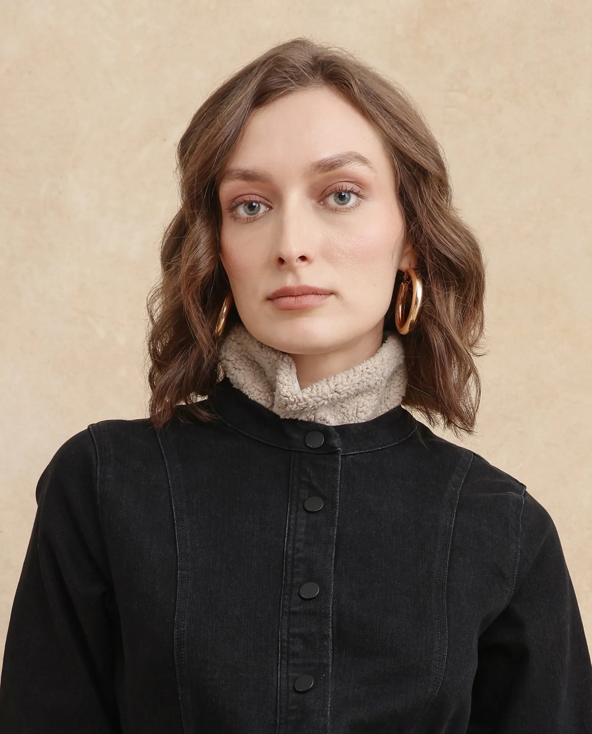 Rareism Women's Lizmi Black Cotton Blend Fabric High Neck Button Closure Cuffed Sleeve Plain Mini Dress