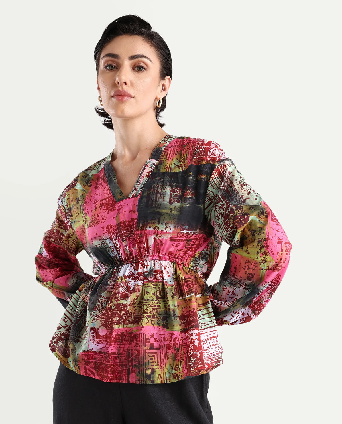 Rareism Women's Lobbc Multi Cotton V-Neck Abstract Print Bishop Sleeve Regular Fit And Flare Top