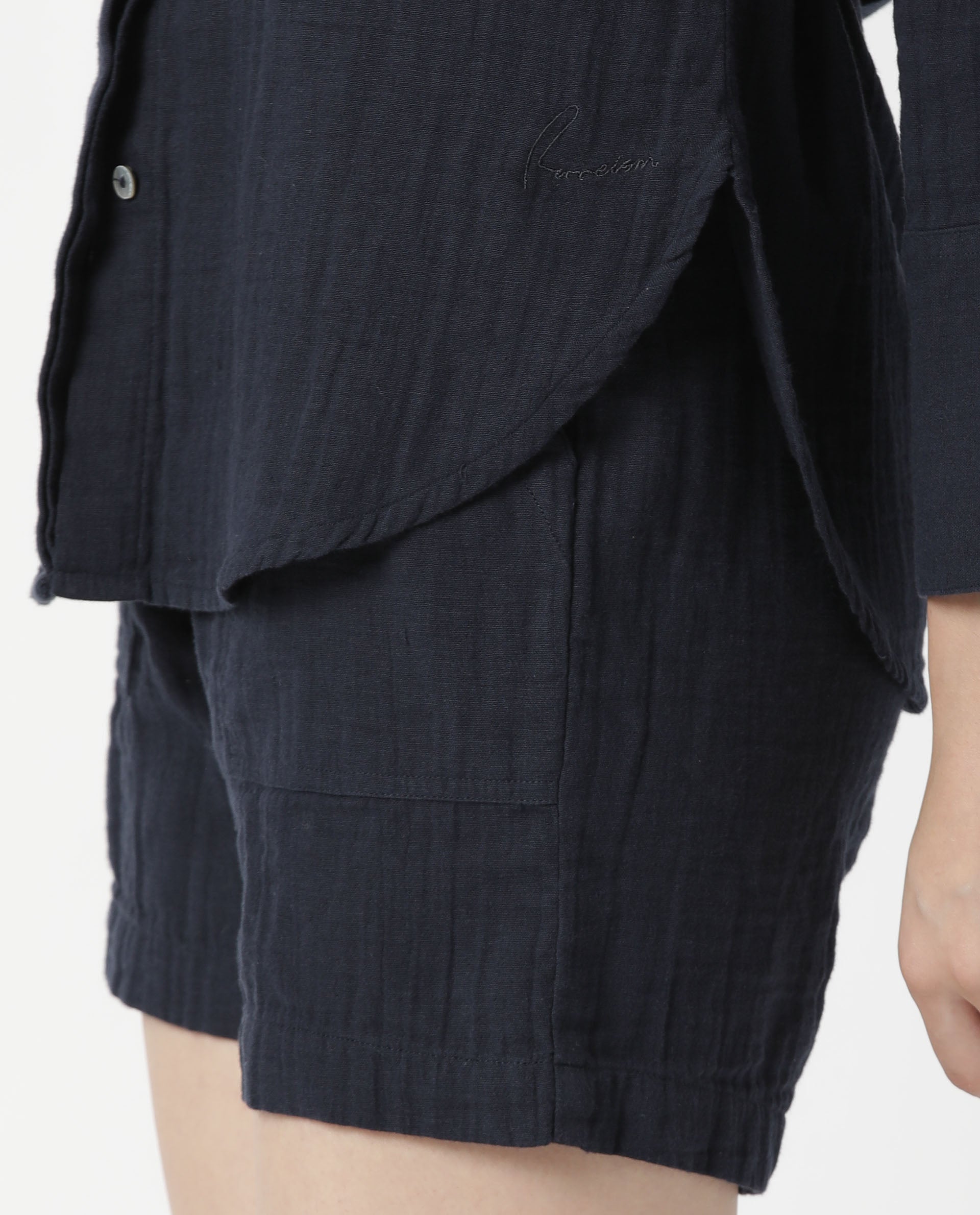 Rareism Women Leno Navy Cotton Fabric Regular Fit Solid High Rise Shorts