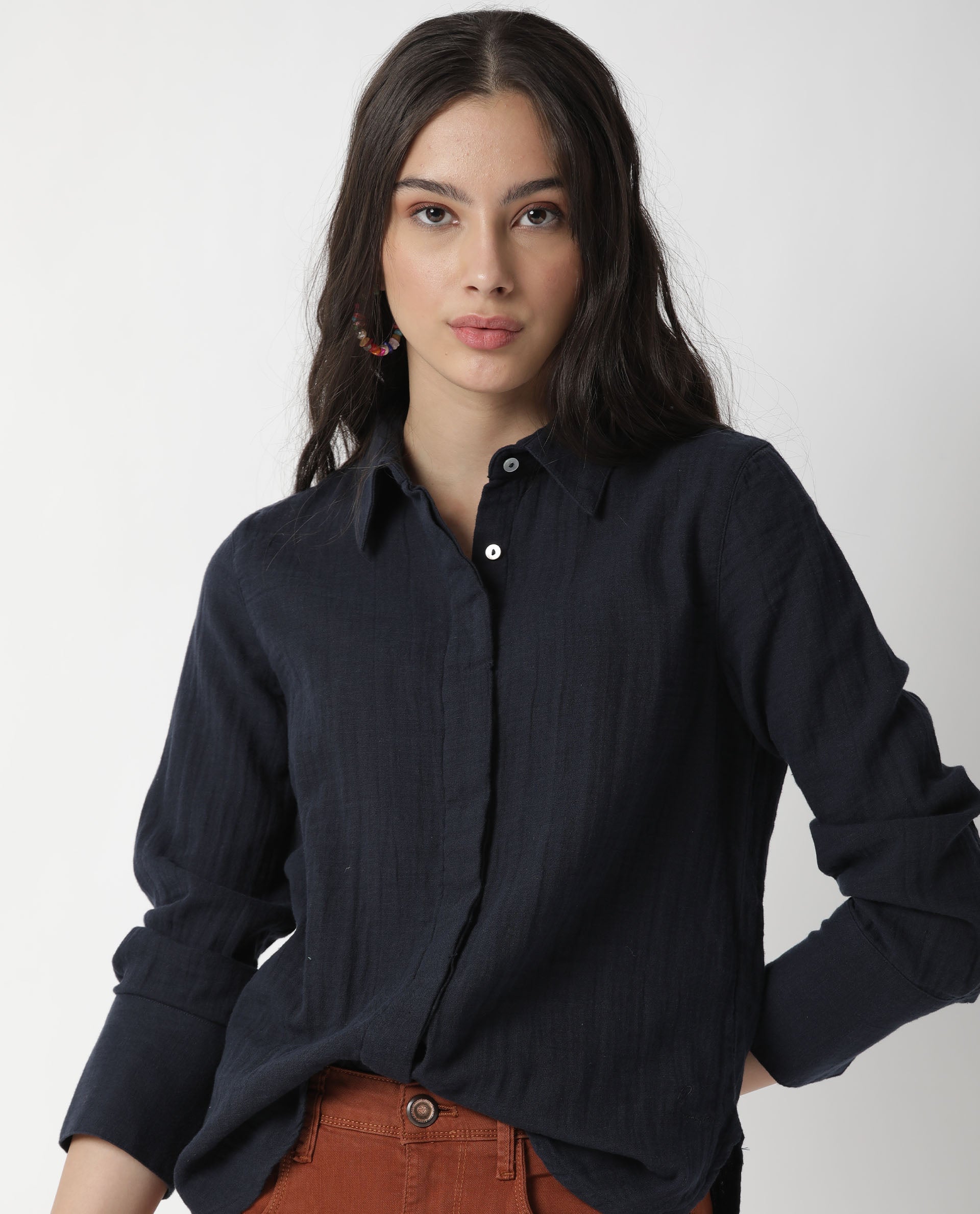 Rareism Womens Lock Navy Top Cotton Fabric Regular Fit Cuffed Sleeve Collared Neck