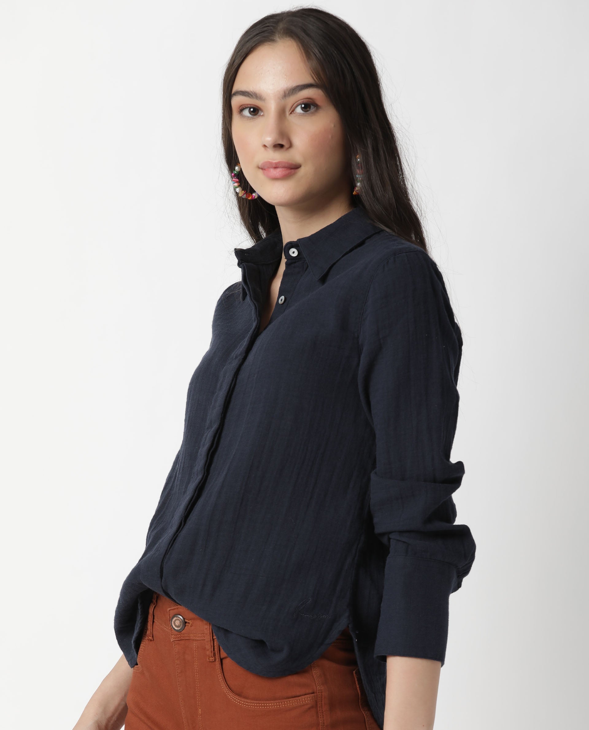 Rareism Womens Lock Navy Top Cotton Fabric Regular Fit Cuffed Sleeve Collared Neck
