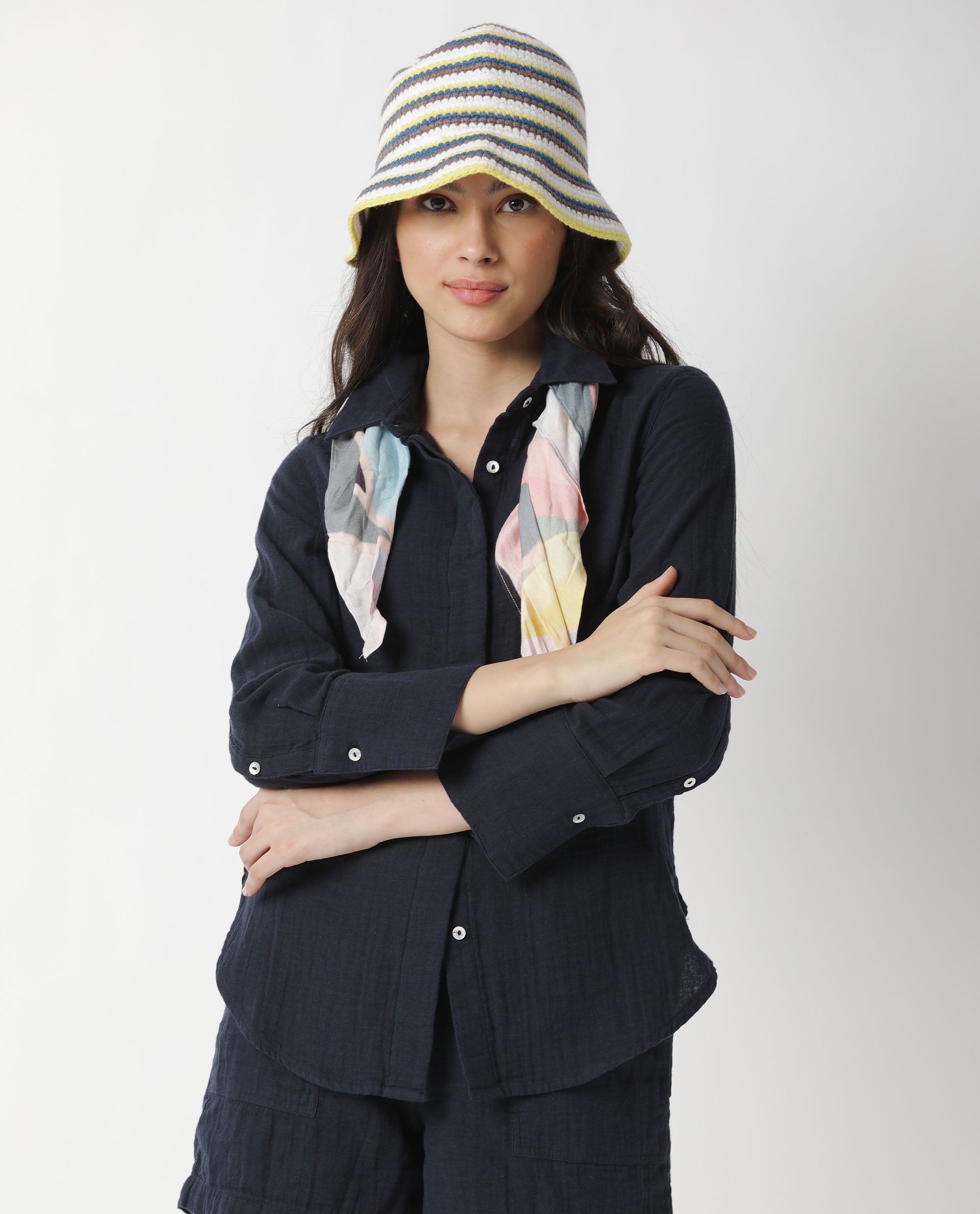 Rareism Womens Lock Navy Top Cotton Fabric Regular Fit Cuffed Sleeve Collared Neck