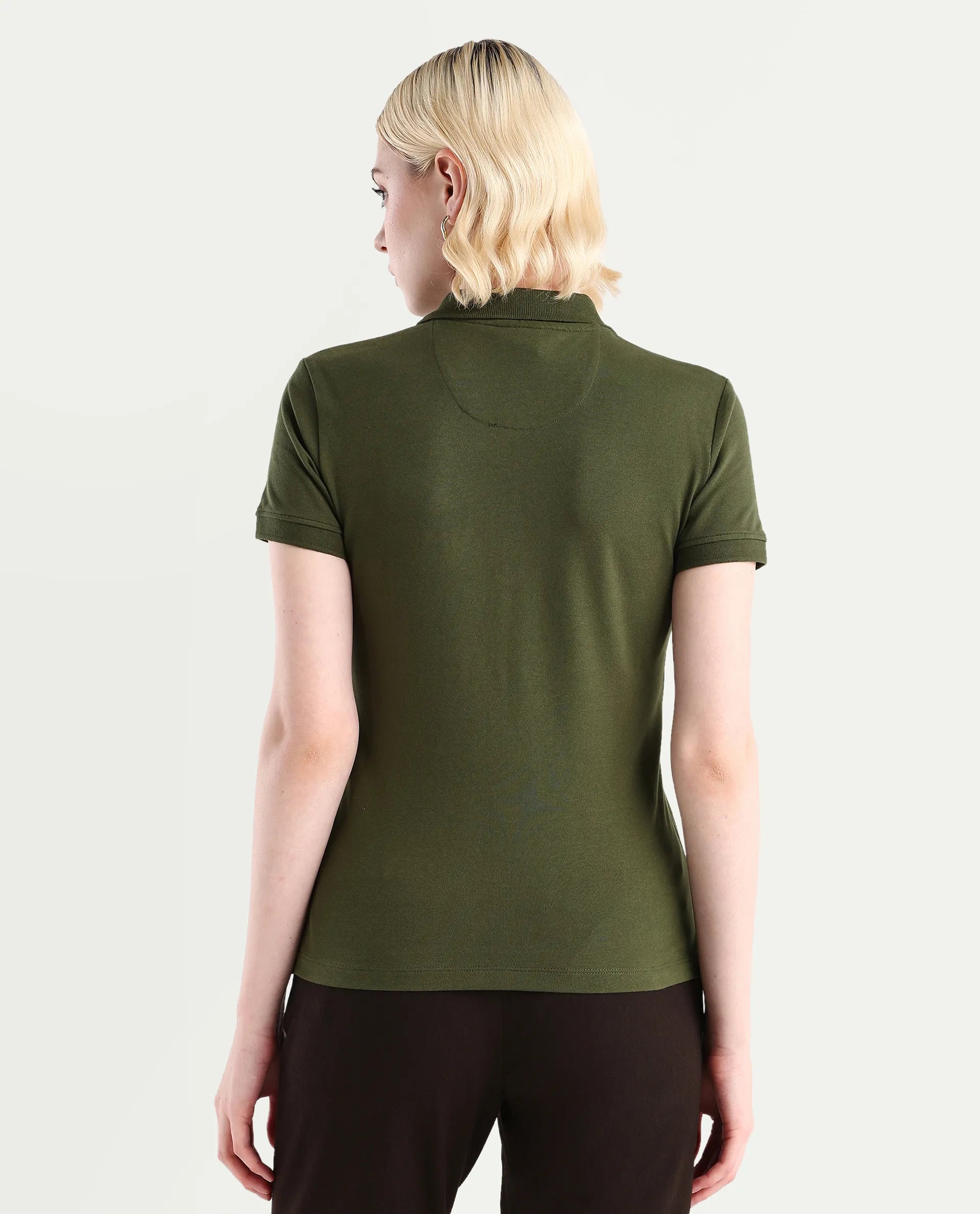 Rareism Women's Logan Dark Olive Cotton Blend Polo Neck Plain Regular Fit Polo