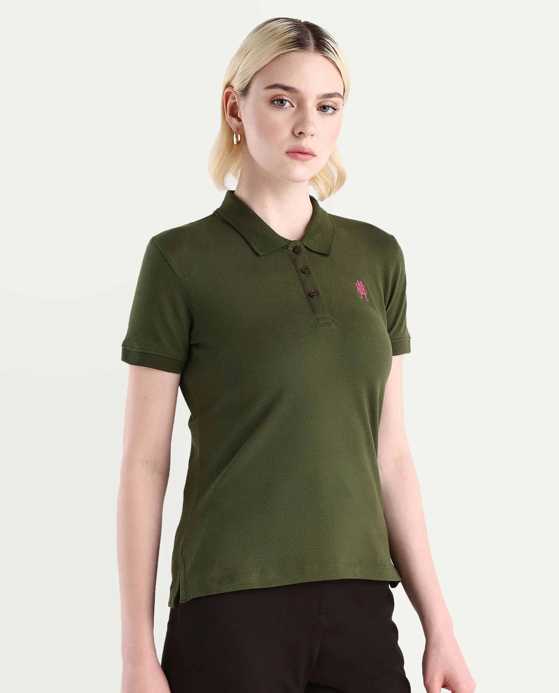 Rareism Women's Logan Dark Olive Cotton Blend Polo Neck Plain Regular Fit Polo
