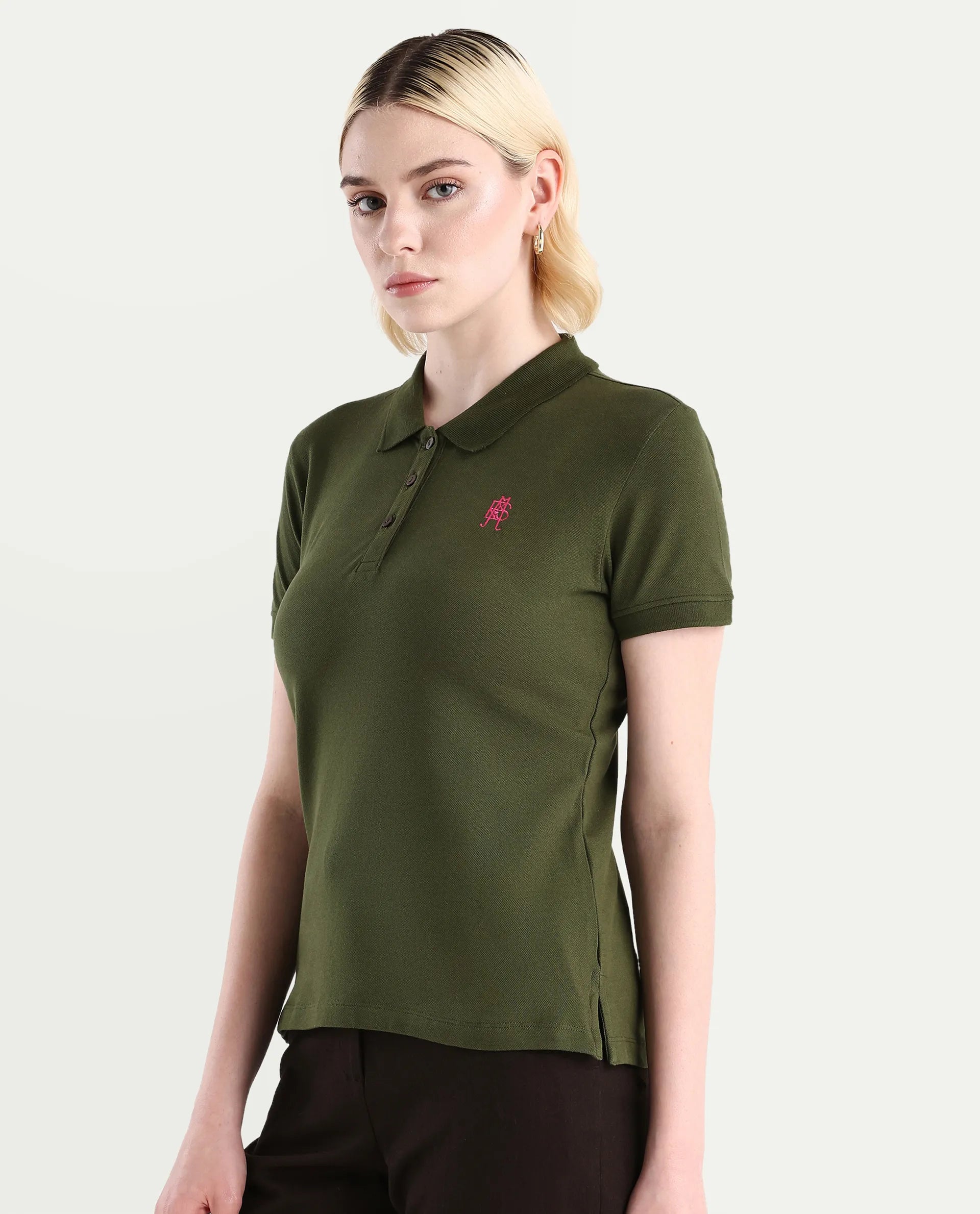 Rareism Women's Logan Dark Olive Cotton Blend Polo Neck Plain Regular Fit Polo
