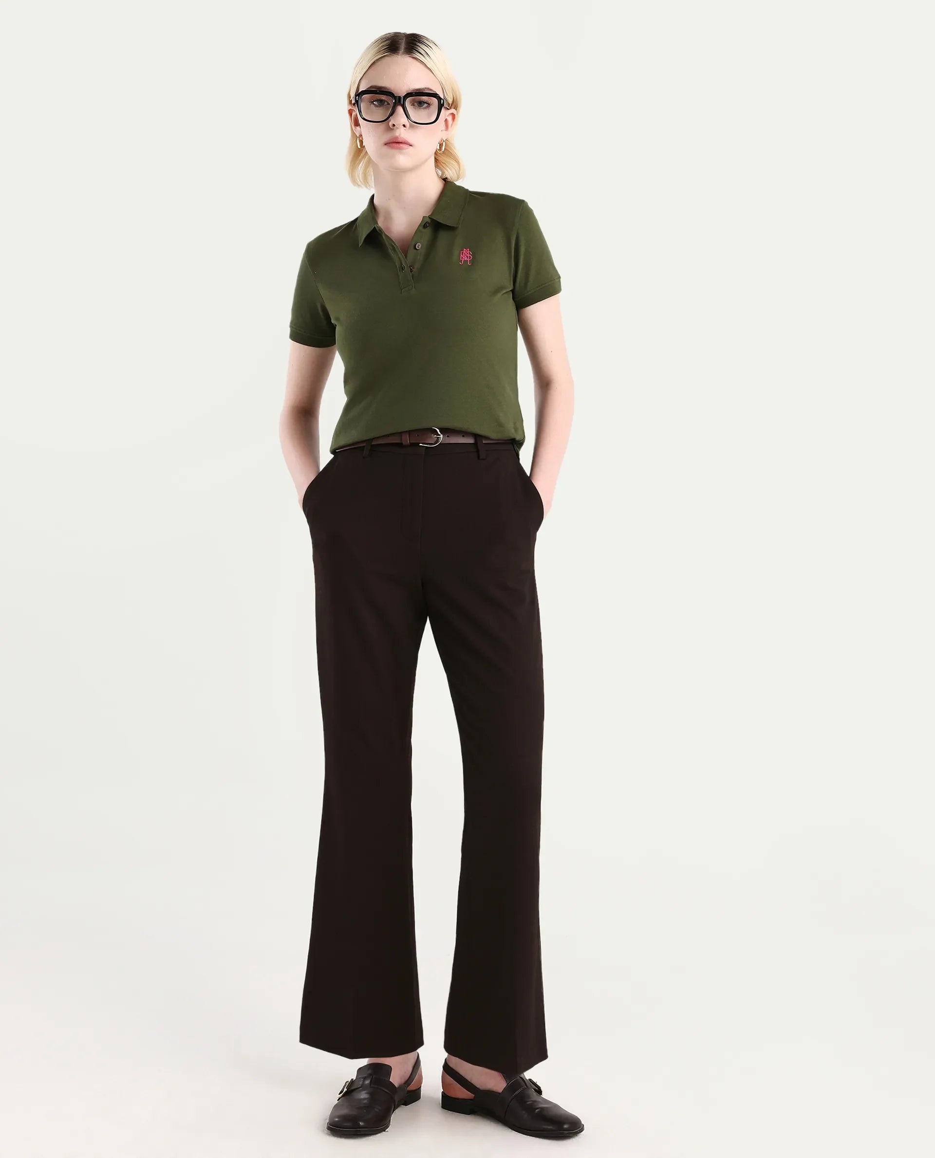 Rareism Women's Logan Dark Olive Cotton Blend Polo Neck Plain Regular Fit Polo