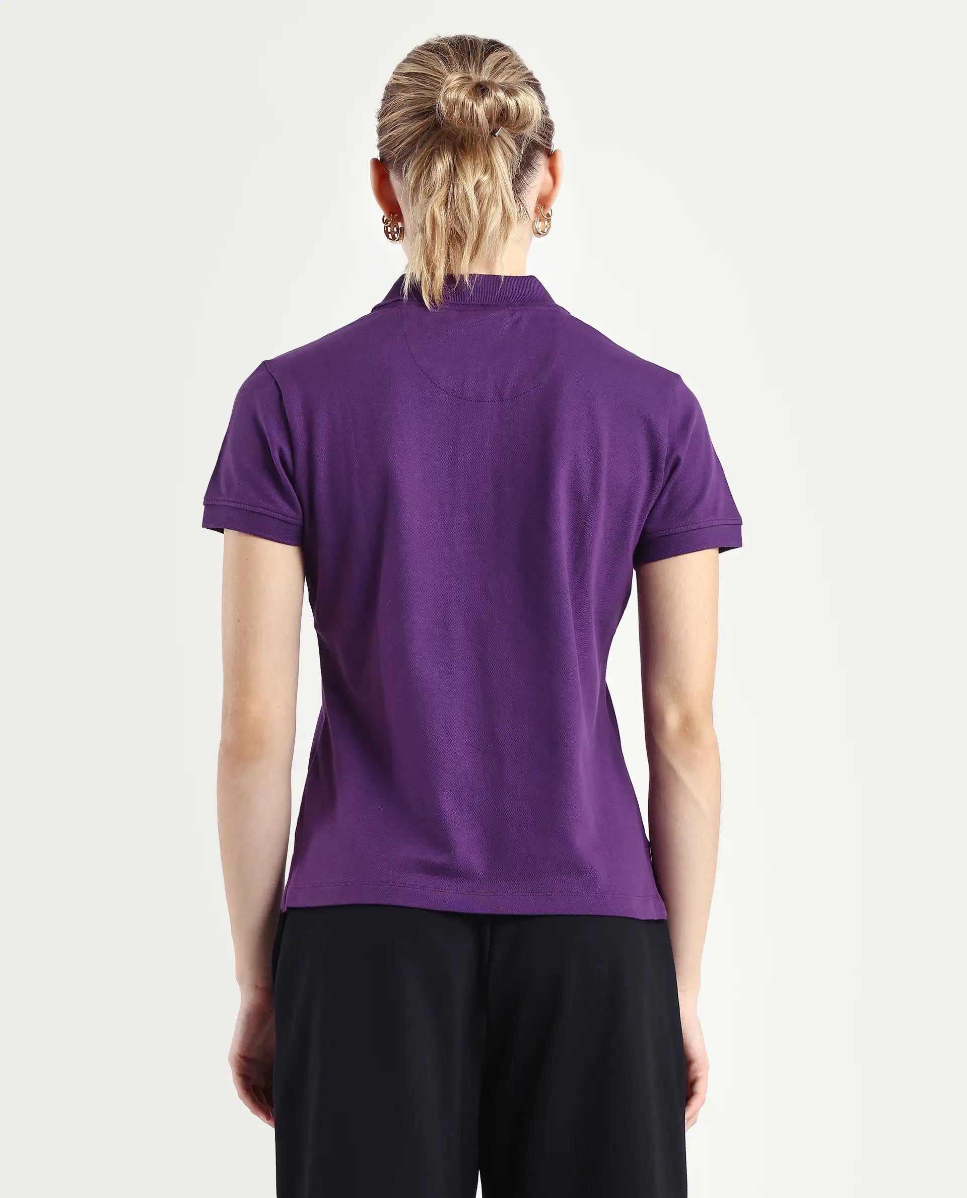 Rareism Women's Logan Purple Cotton Blend Polo Neck Plain Regular Fit Polo