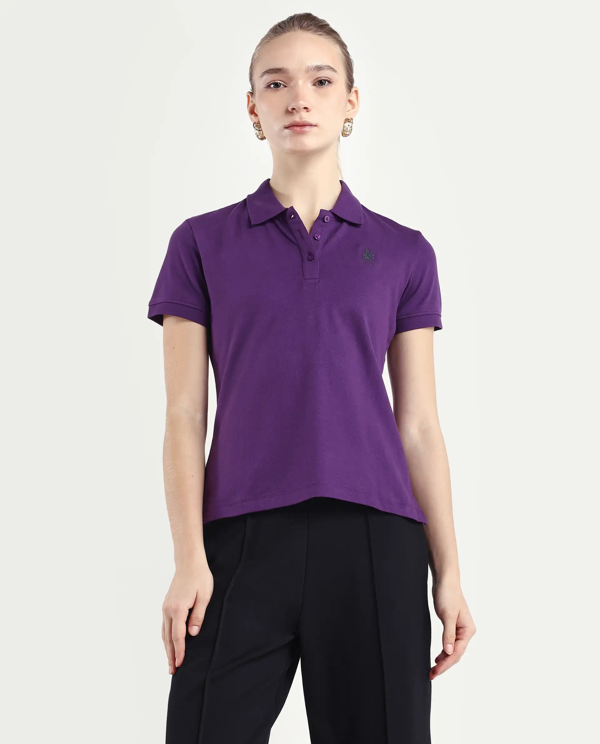 Rareism Women's Logan Purple Cotton Blend Polo Neck Plain Regular Fit Polo