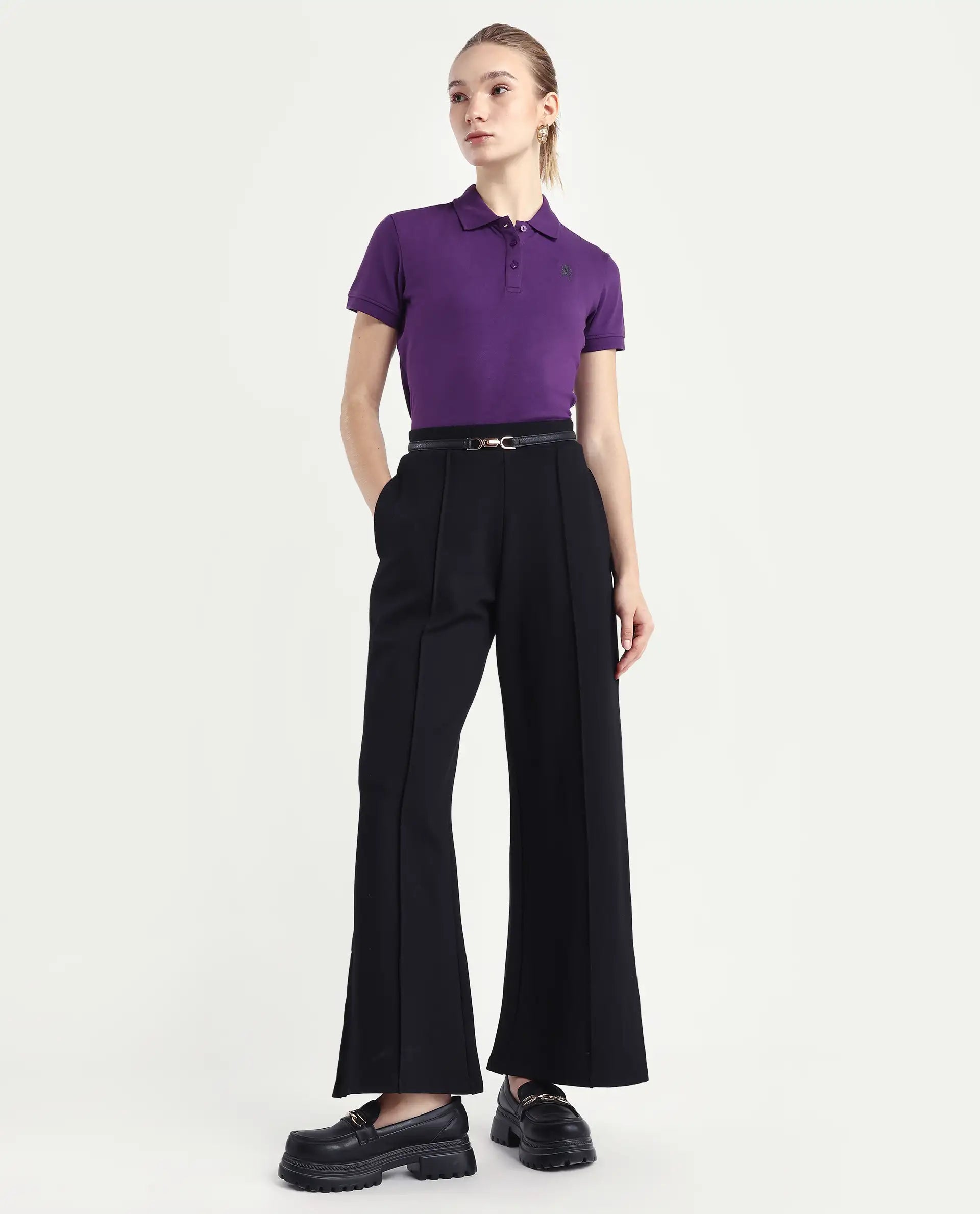 Rareism Women's Logan Purple Cotton Blend Polo Neck Plain Regular Fit Polo