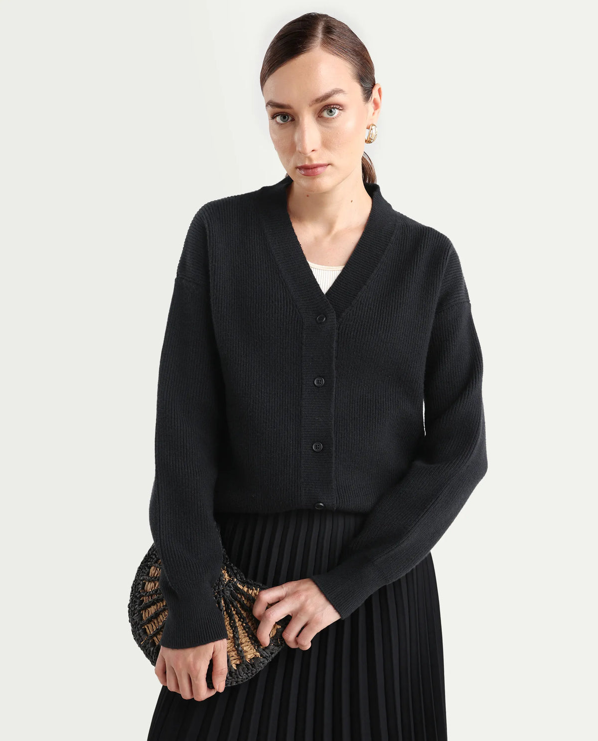 Rareism Women's Lola Black Acrylic V-Neck Regular Fit Plain Cardigan