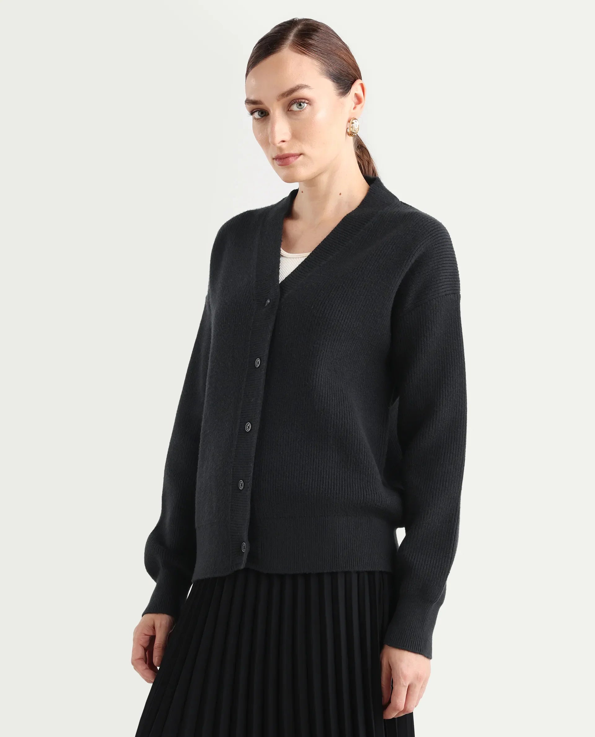 Rareism Women's Lola Black Acrylic V-Neck Regular Fit Plain Cardigan