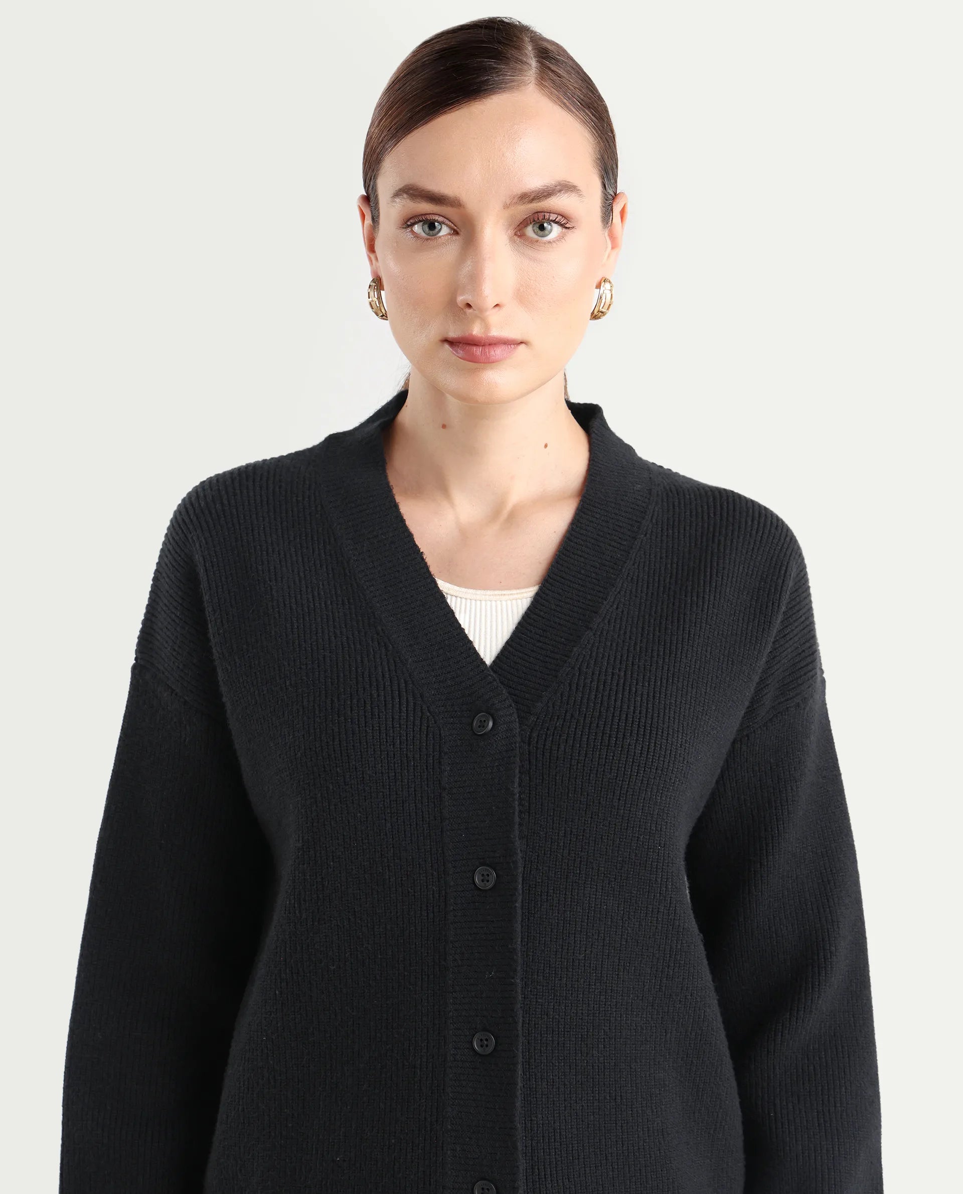 Rareism Women's Lola Black Acrylic V-Neck Regular Fit Plain Cardigan