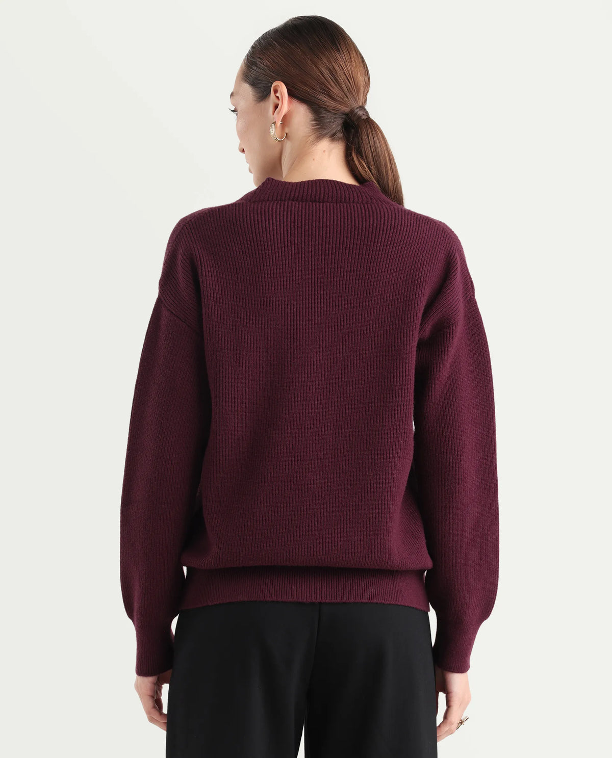 Rareism Women's Lola Dark Maroon Acrylic V-Neck Regular Fit Plain Cardigan