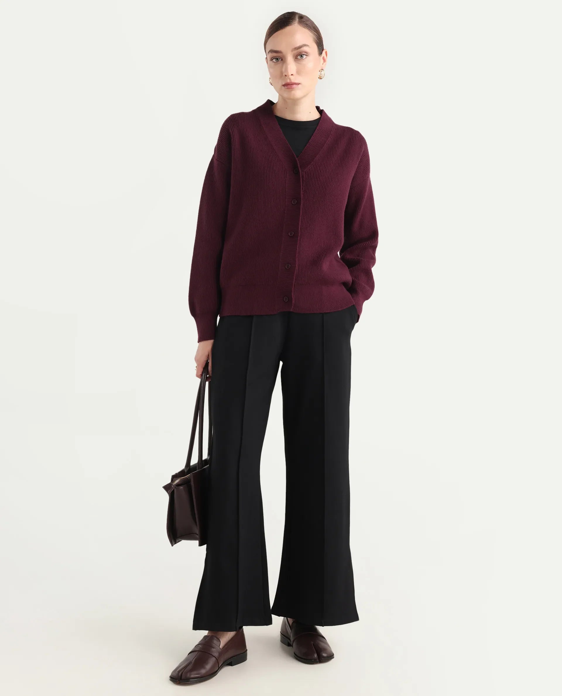 Rareism Women's Lola Dark Maroon Acrylic V-Neck Regular Fit Plain Cardigan