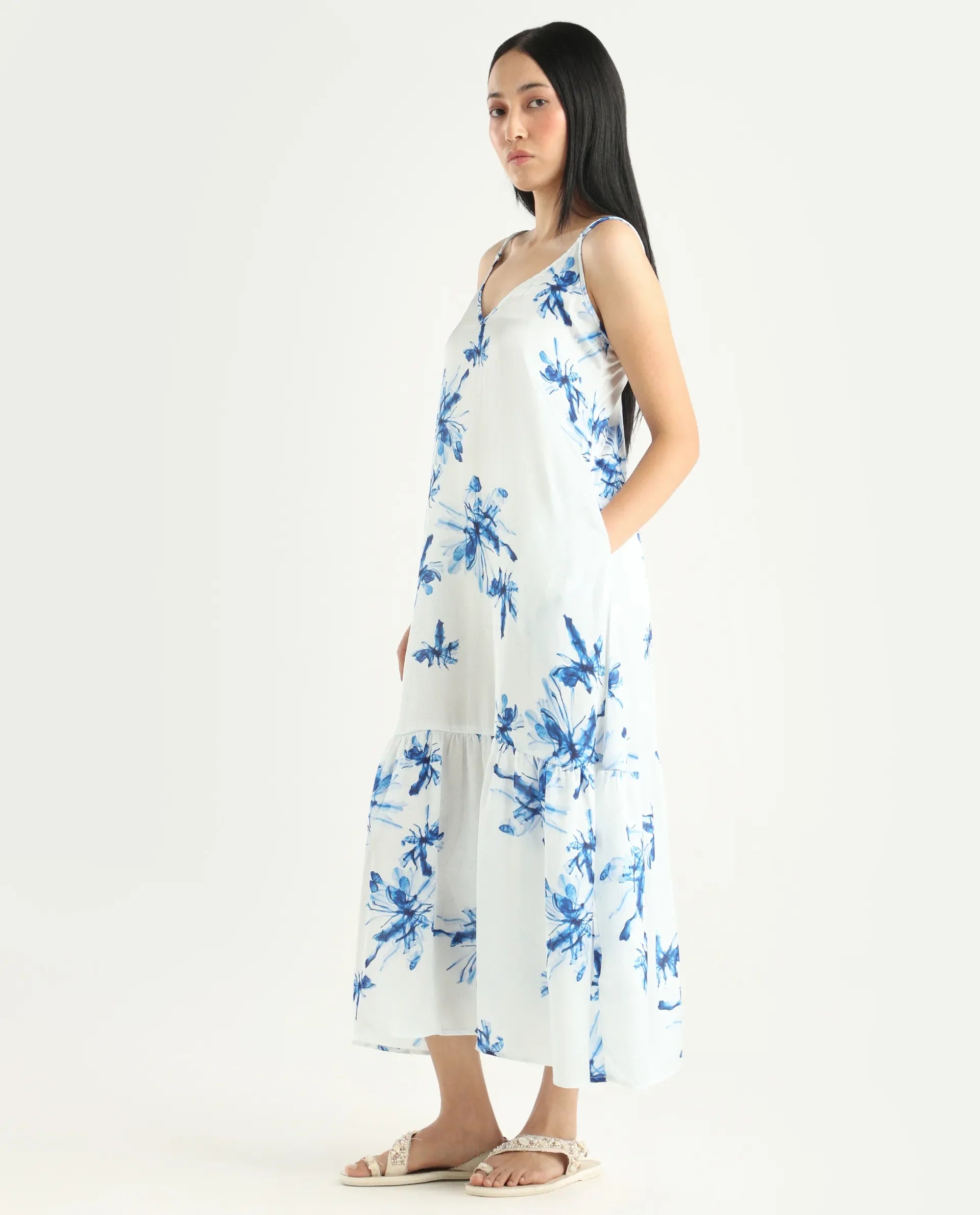 Rareism Women's Lola White Polyester Shoulder Strap Abstract Print Shoulder Strap Midi Regular Fit Dress