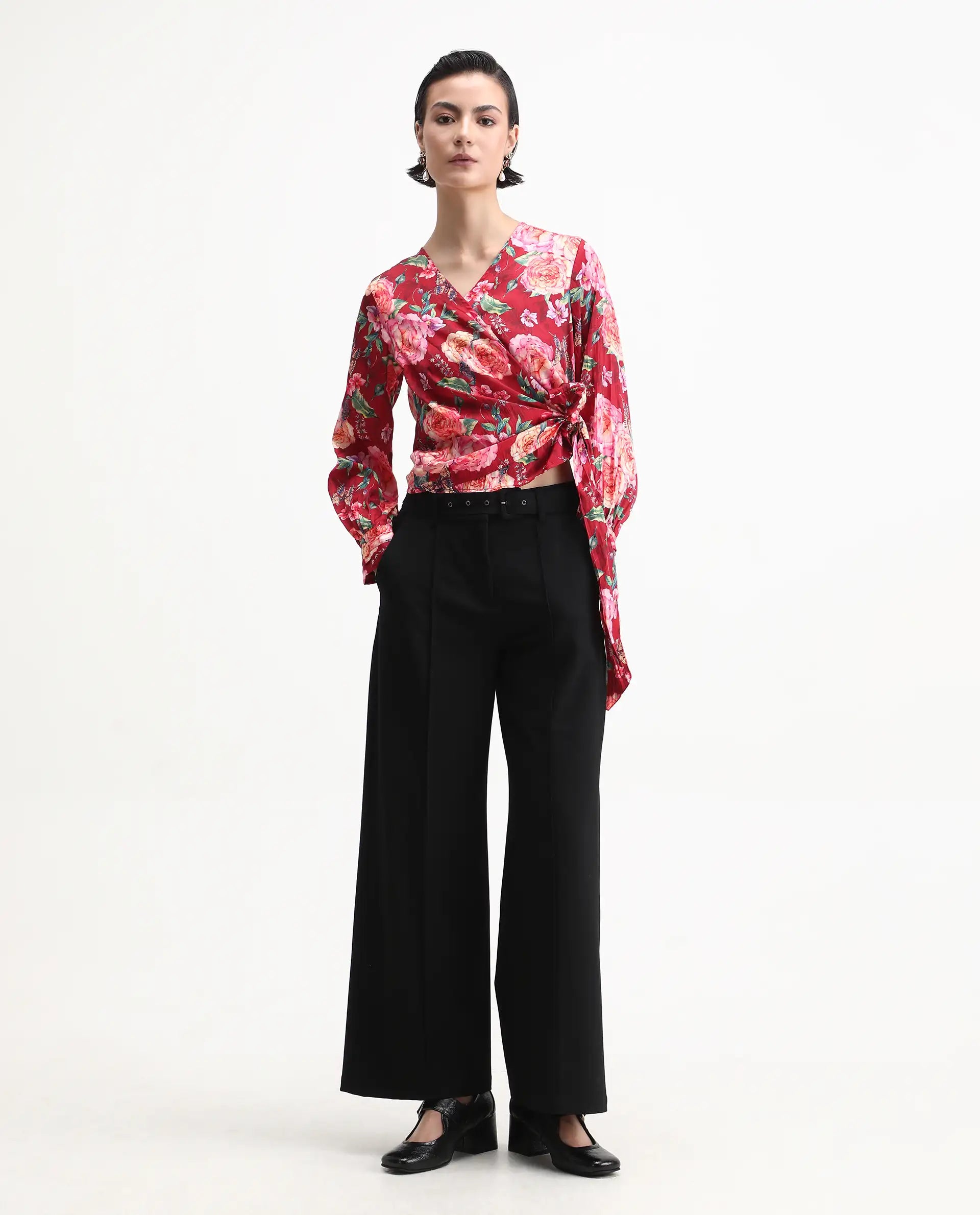 Rareism Women's Lonna Red Overlap Neck Floral Print Cuffed Sleeve Regular Fit Top