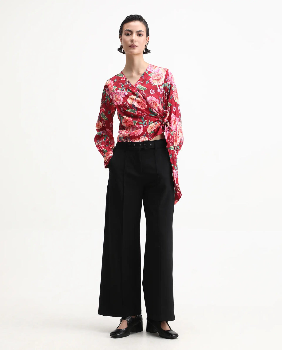 Rareism Women's Lonna Red Overlap Neck Floral Print Cuffed Sleeve Regular Fit Top