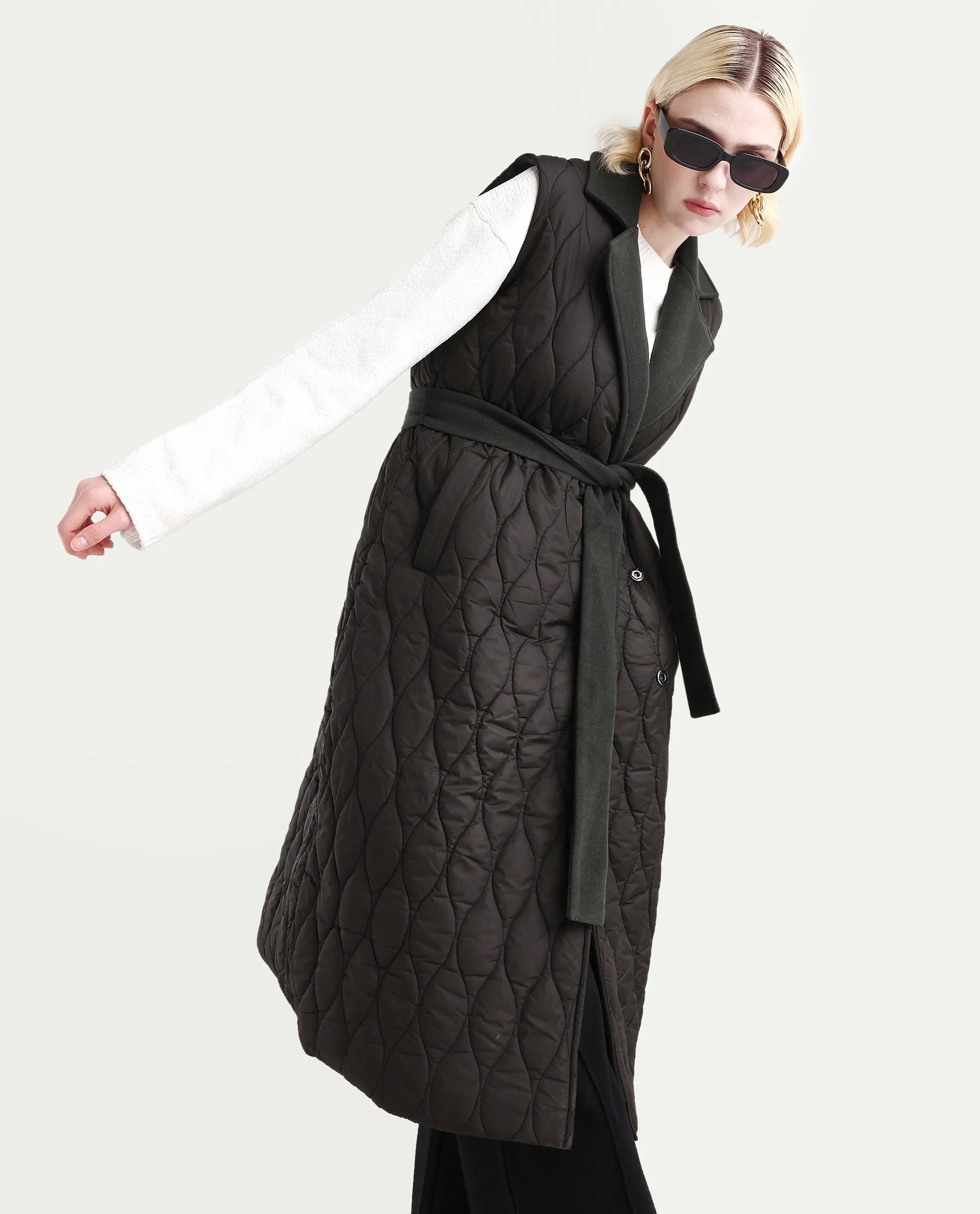 Rareism Women's Lonpuf Olive Polyester Lapel Collar Plain Jacket