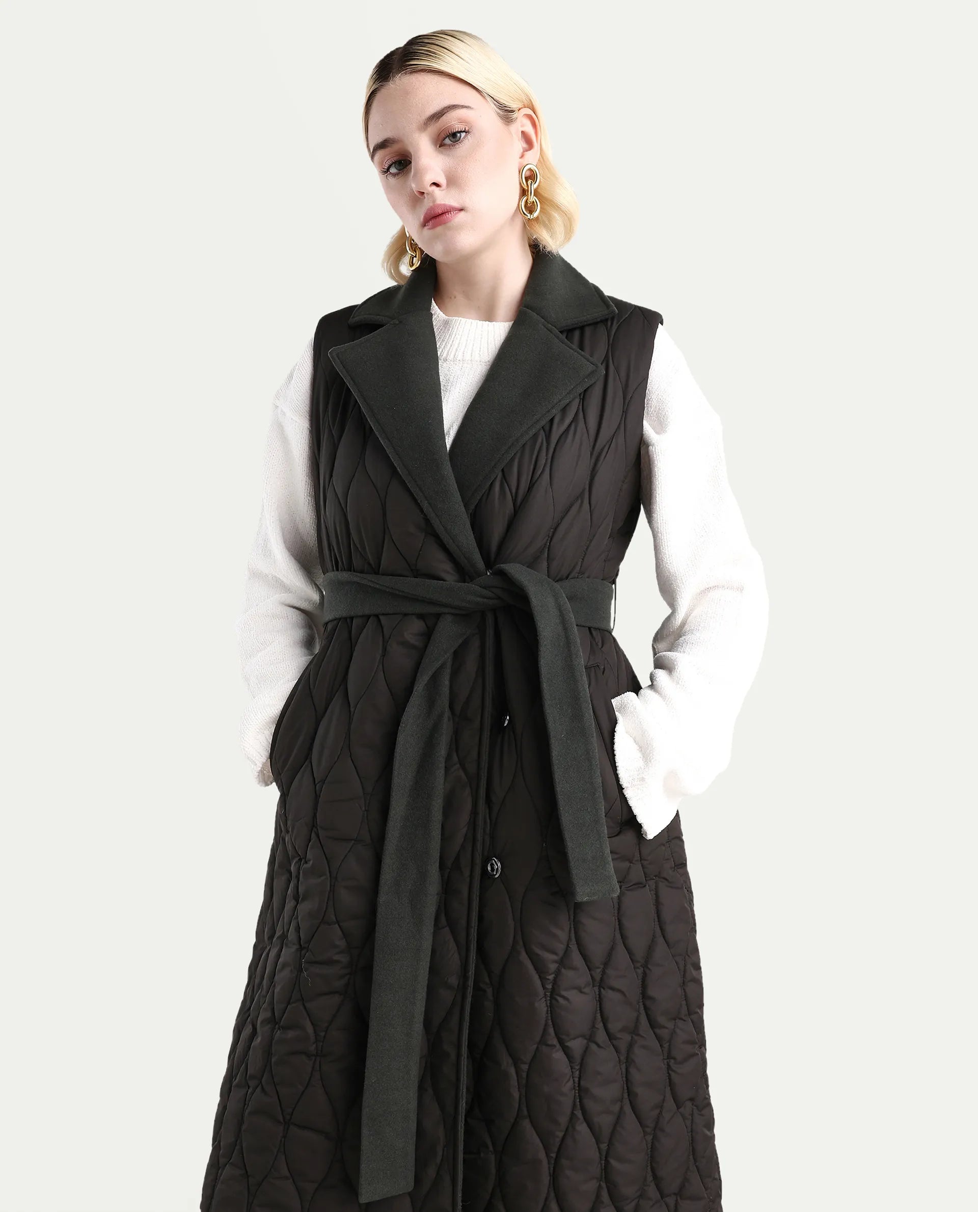 Rareism Women's Lonpuf Olive Polyester Lapel Collar Plain Jacket