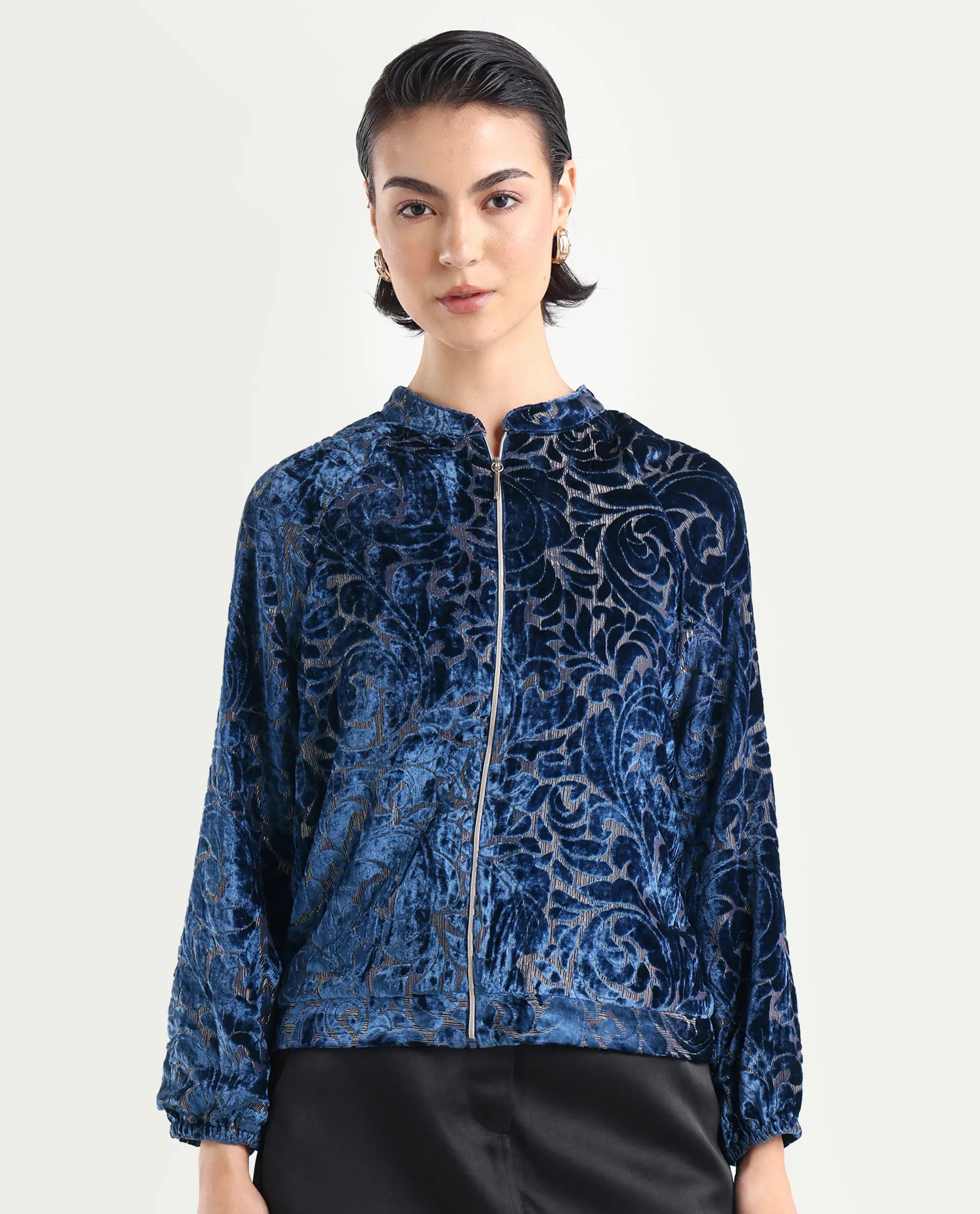 Rareism Women's Lopper Purple Polyester Blend Mandarin Collar Abstract Print Raglan Sleeve Regular Fit Jacket