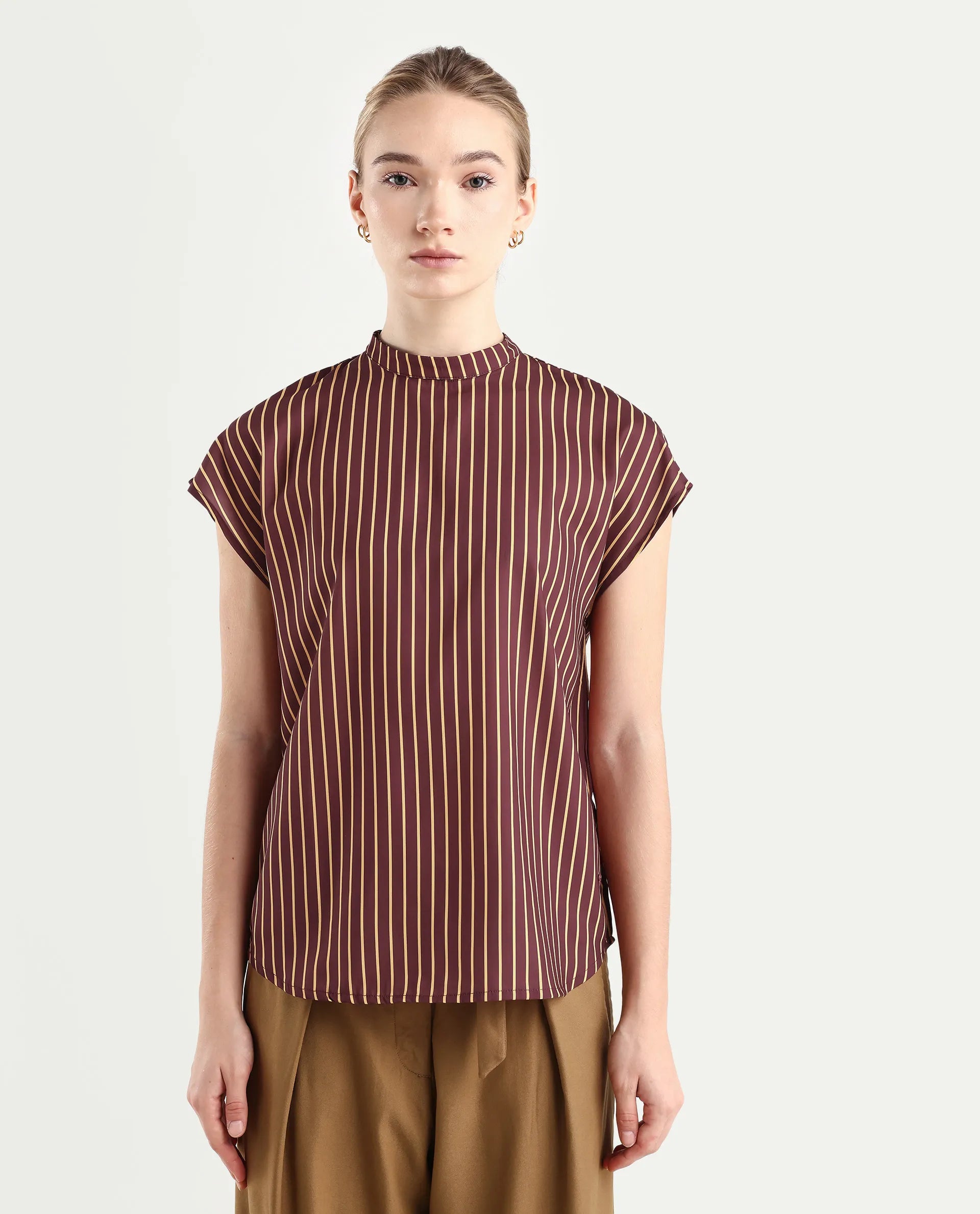 Rareism Women's Lossa Brown Polyester Blend High Neck Striped Extended Sleeves Regular Fit Top