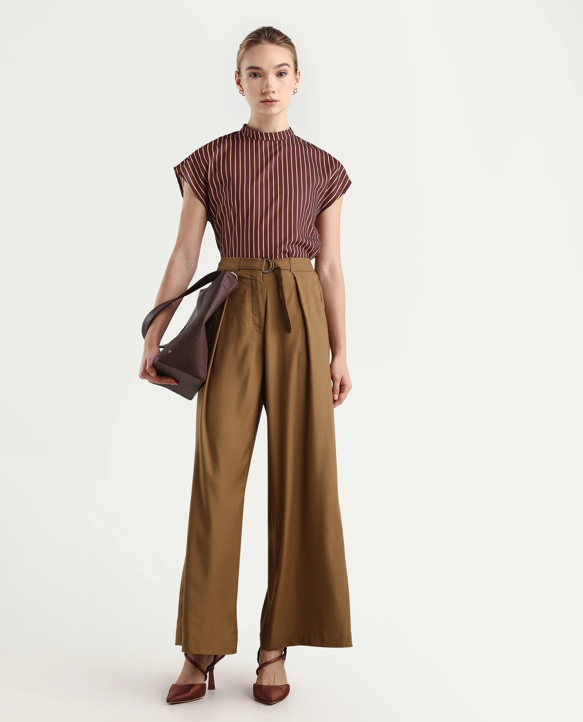 Rareism Women's Lossa Brown Polyester Blend High Neck Striped Extended Sleeves Regular Fit Top