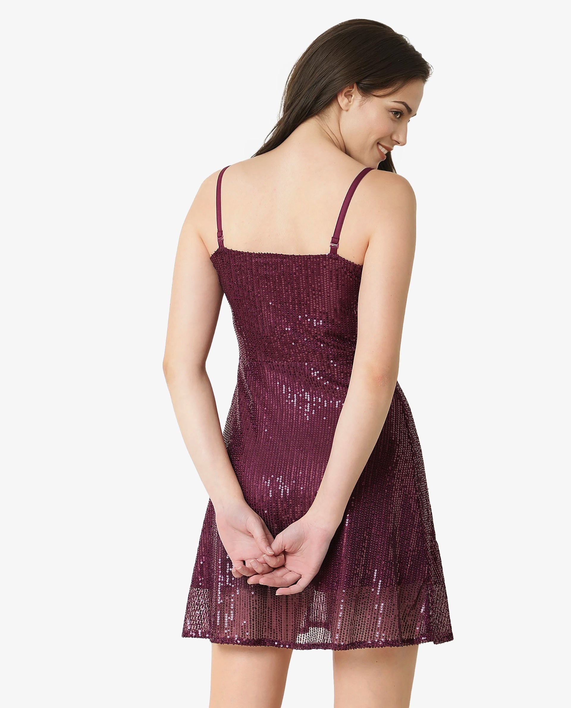 Rareism Women's Lovez Maroon Nylon Shoulder Strap Sequined Shoulder Strap Knee Length Regular Fit Dress