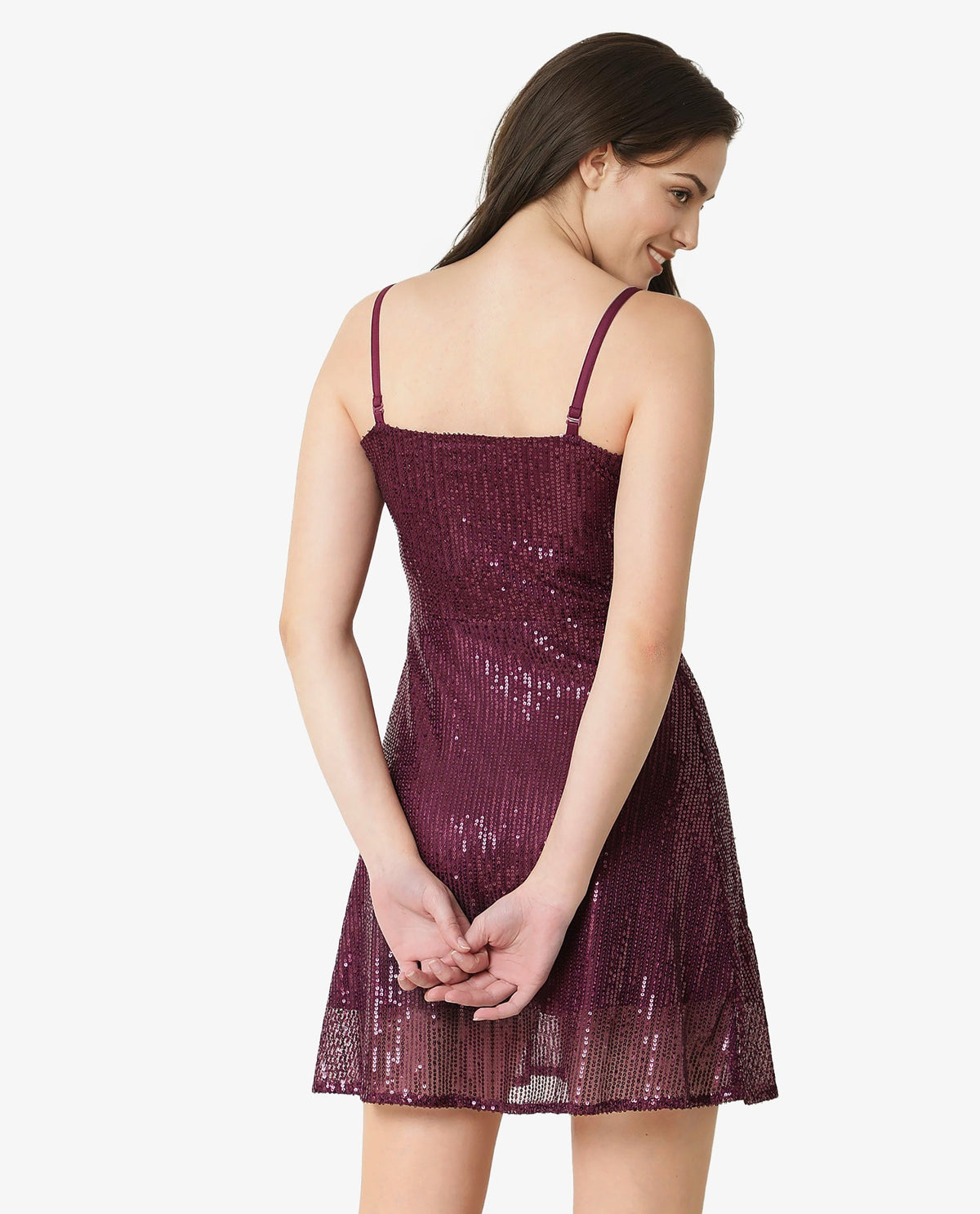 Rareism Women Lovez Dark Maroon V Neck Detachable Shoulder Pearl Straps Sequin Party Mini Dress